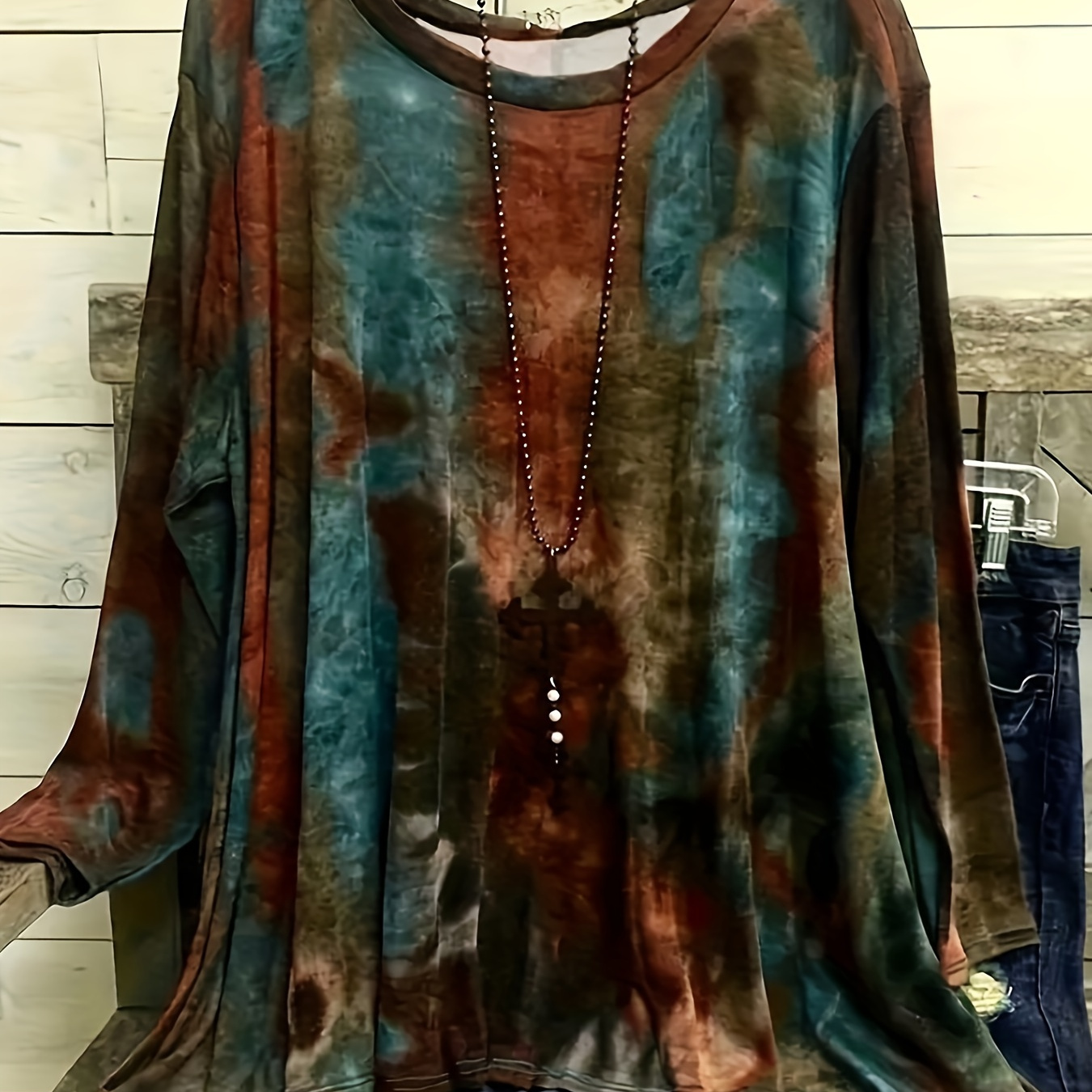 

T-shirt Tie Dye Grande Taille, Haut Décontracté à Manches Longues et Col Rond pour le Printemps et l'Automne, Vêtements Grande Taille pour Femmes