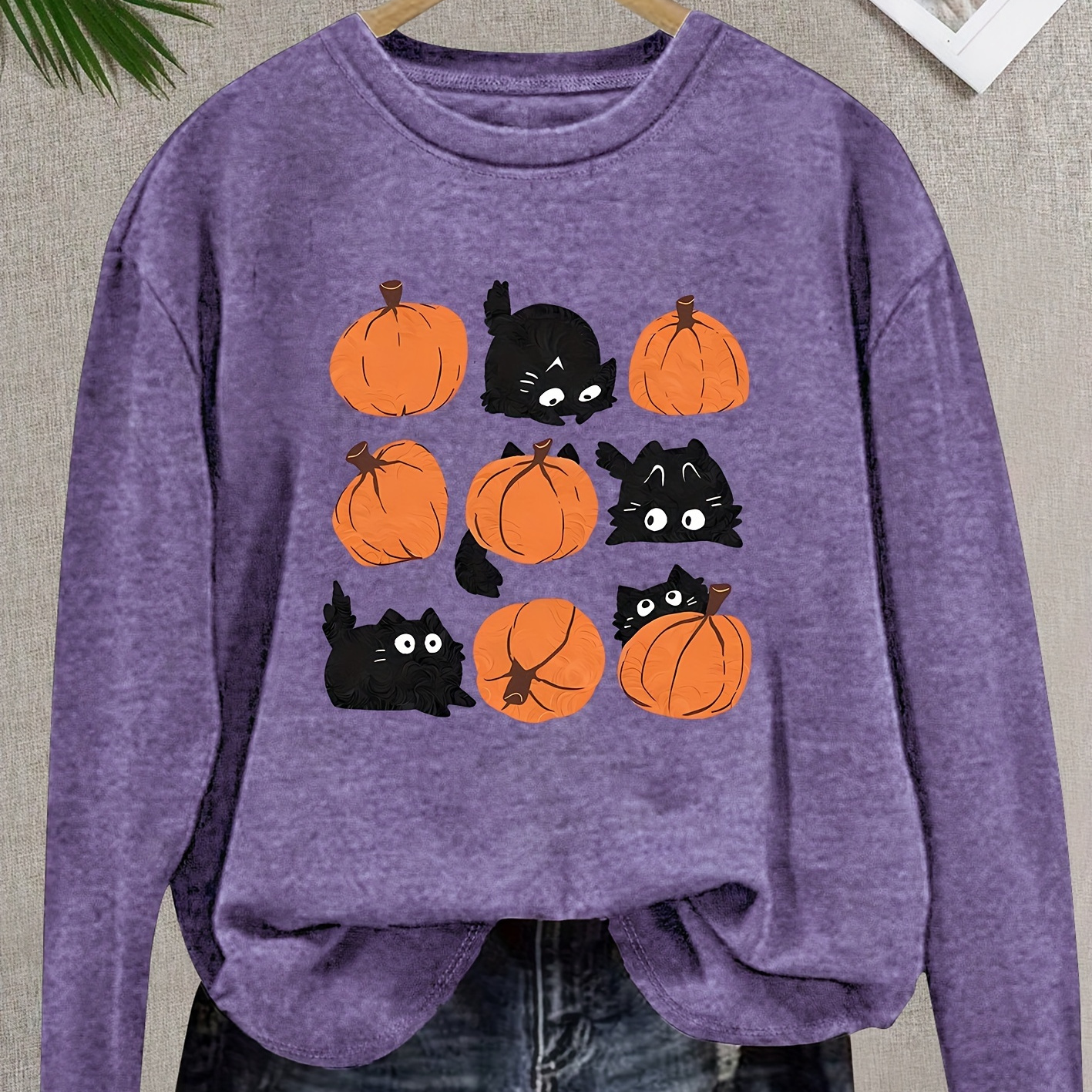 

Women's Cat & Pumpkin Print Casual Summer T-shirt, Crew Neck Long Sleeve Top, Lightweight & Comfortable Style