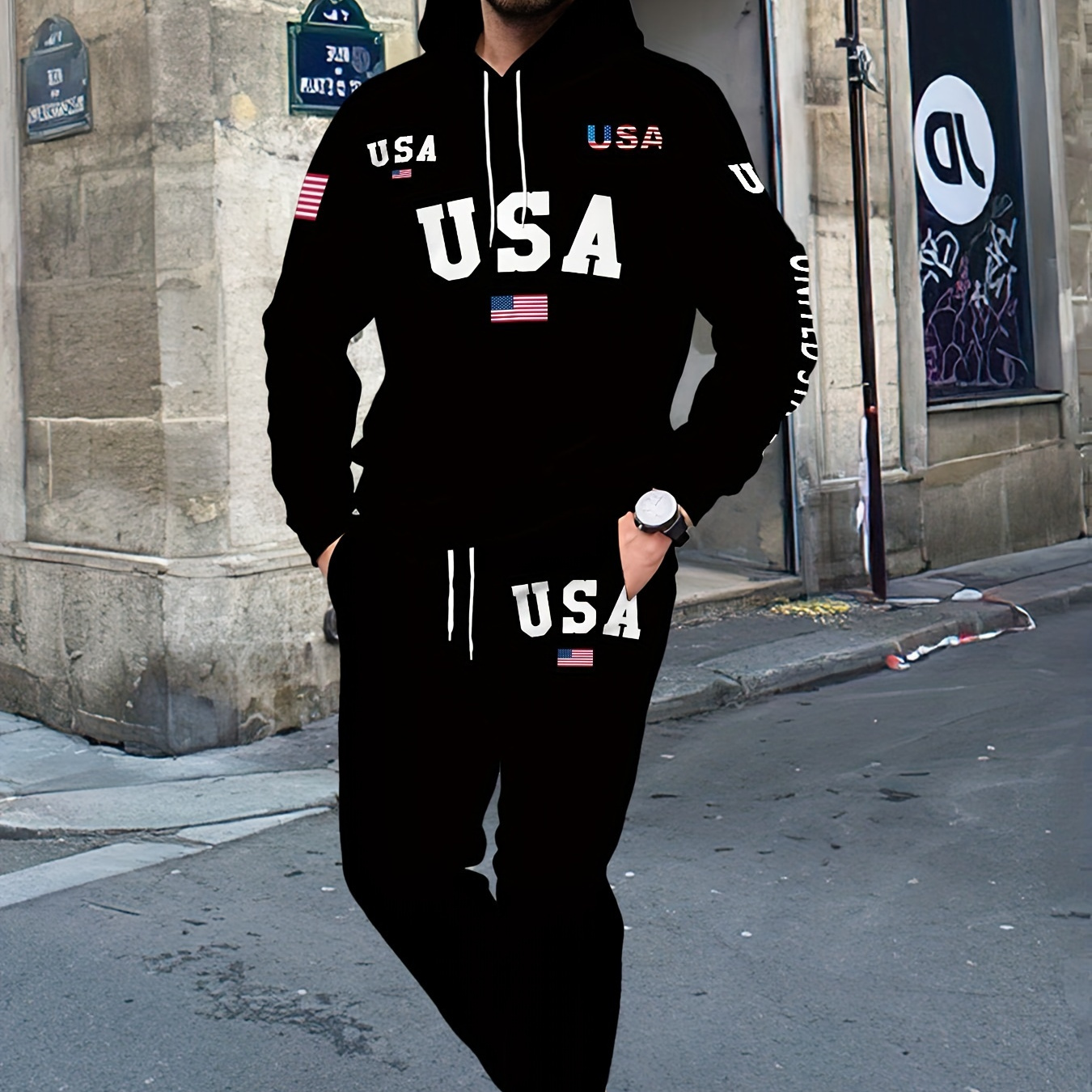 

Usa Letter Hooded Sweatsuit Set For Men - 100% Polyester Long Sleeve Hoodie And Drawstring Joggers With Slight Stretch - Spring/fall Outdoor Tracksuit