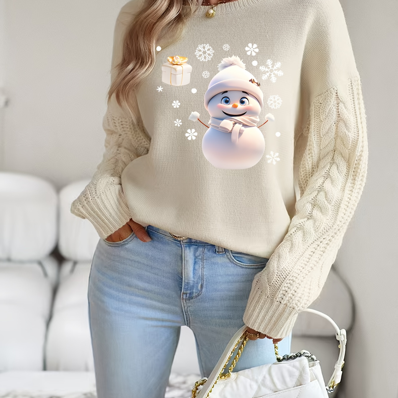 

Chic Crew Neck Christmas Snowman Print Pullover Sweater For Women, Polyester Knit Fabric, Long Sleeve, Loose Fit, For Fall/winter Collection