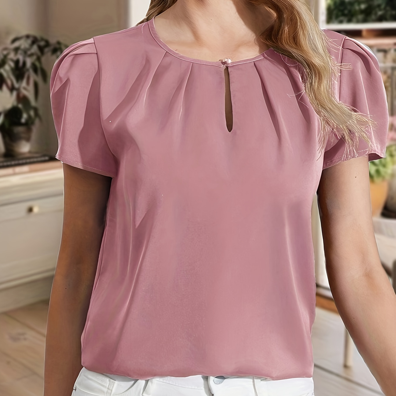 

Solid Color Crew Neck Pleated Blouse, Elegant Puff Sleeve Blouse For Spring & Summer, Women's Clothing