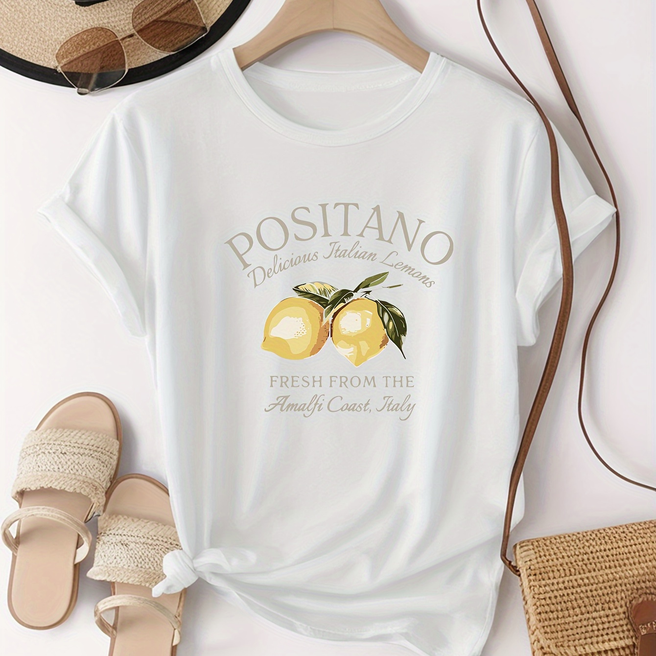 

Plus Size Lemon Print T-shirt, Casual Short Sleeve Crew Neck Top For Spring & Summer, Women's Plus Size Clothing