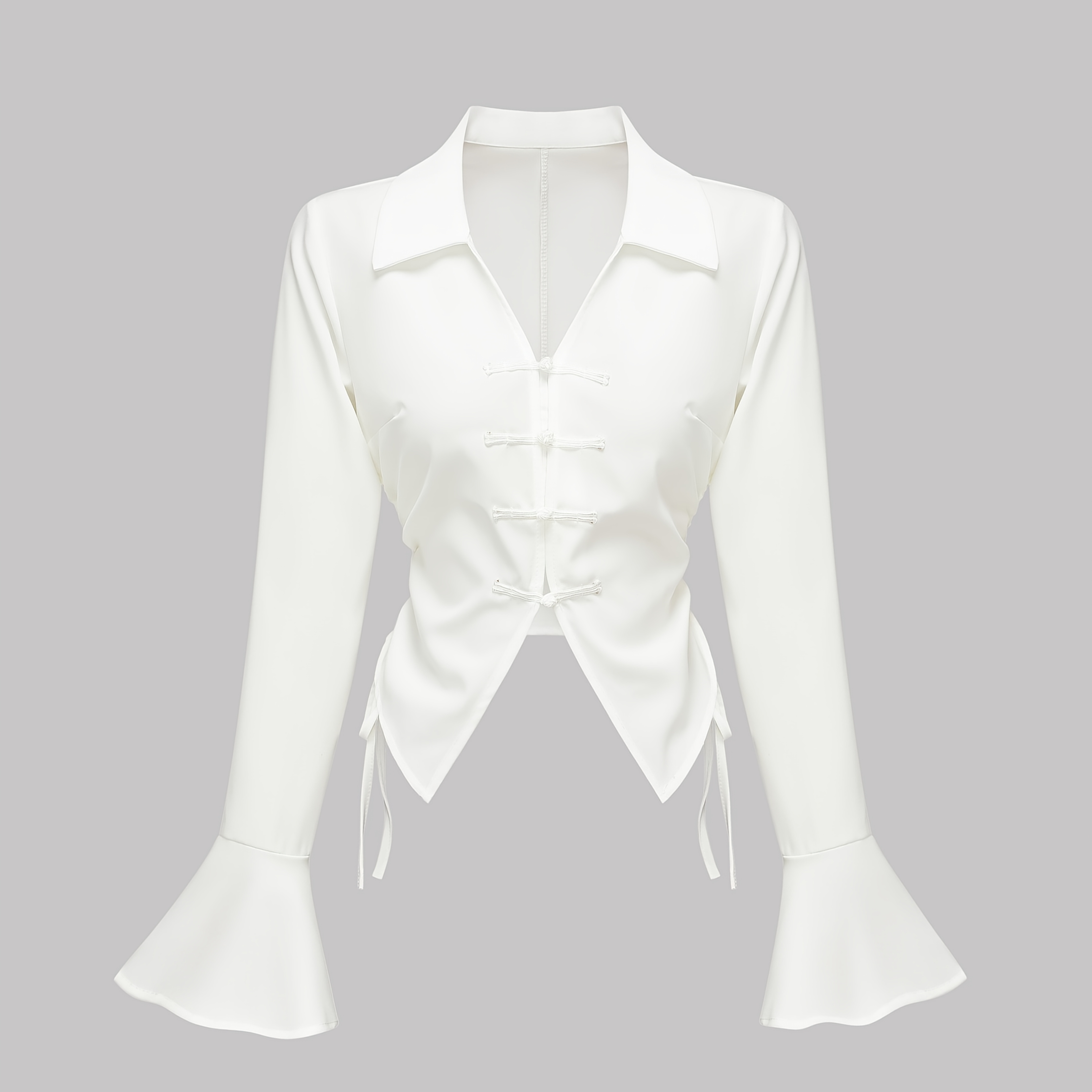 

Pure , White V-neck Button Drawstring Long Sleeve New Chinese Style Shirt