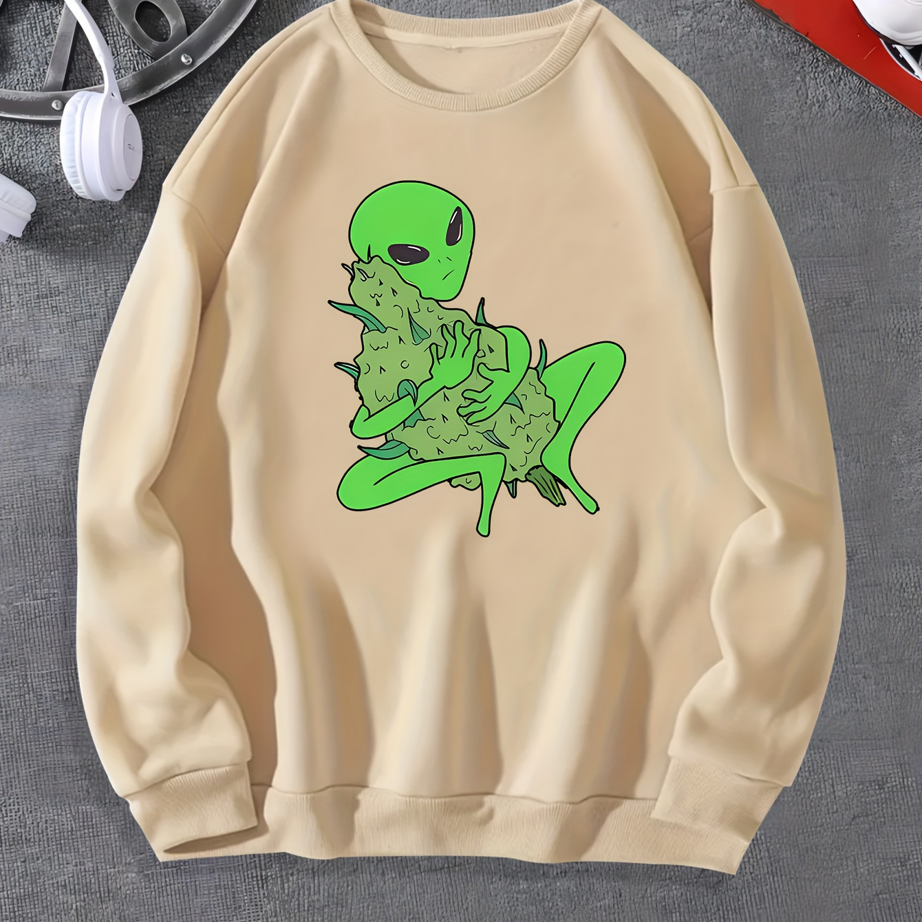 

Alien Print Men's Graphic Round Neck Sweatshirt, Loose Trendy Pullover, Men's Clothing For Autumn