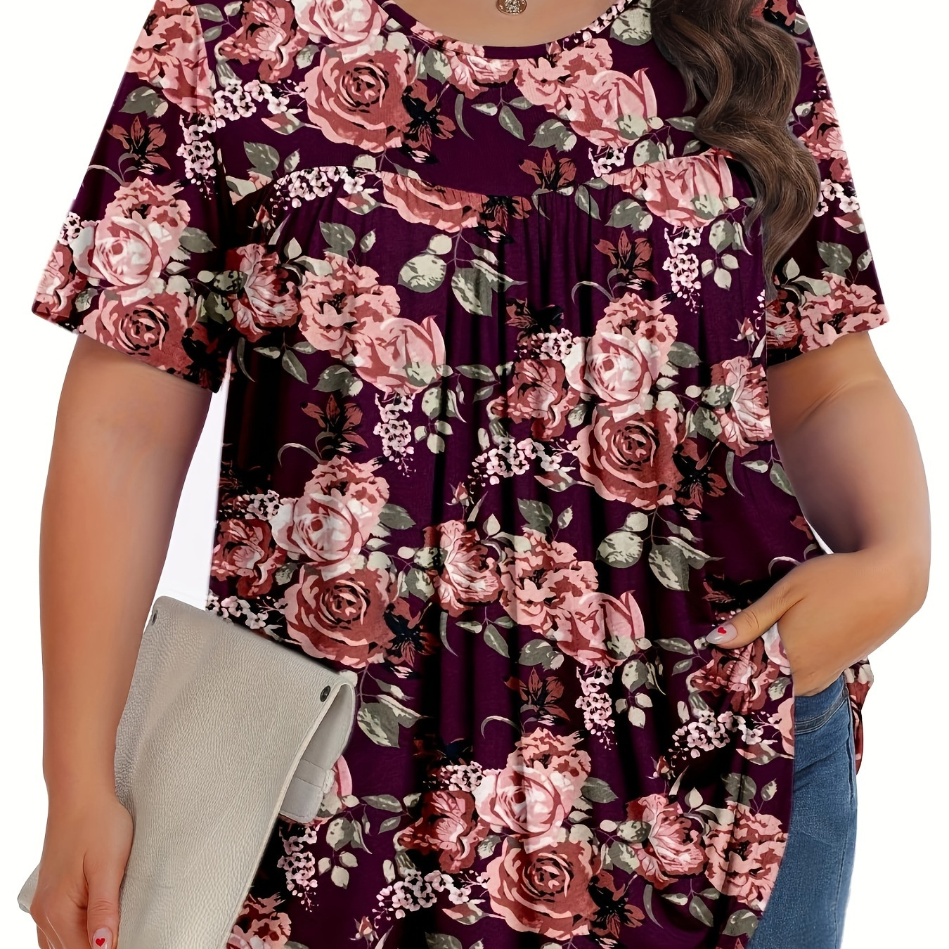 

Plus Size Floral Print Ruched T-shirt, Casual Short Sleeve Crew Neck Top For Spring & Summer, Women's Plus Size Clothing