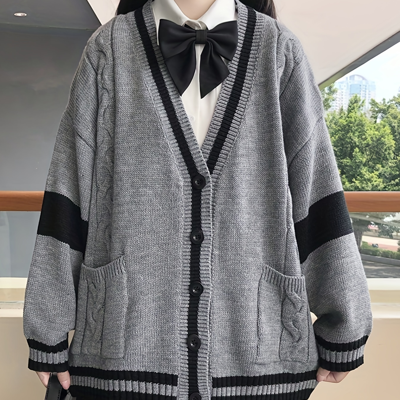 

Color Block Button Front Knit Cardigan, Elegant V Neck Long Sleeve Sweater For Fall & Winter, Women's Clothing