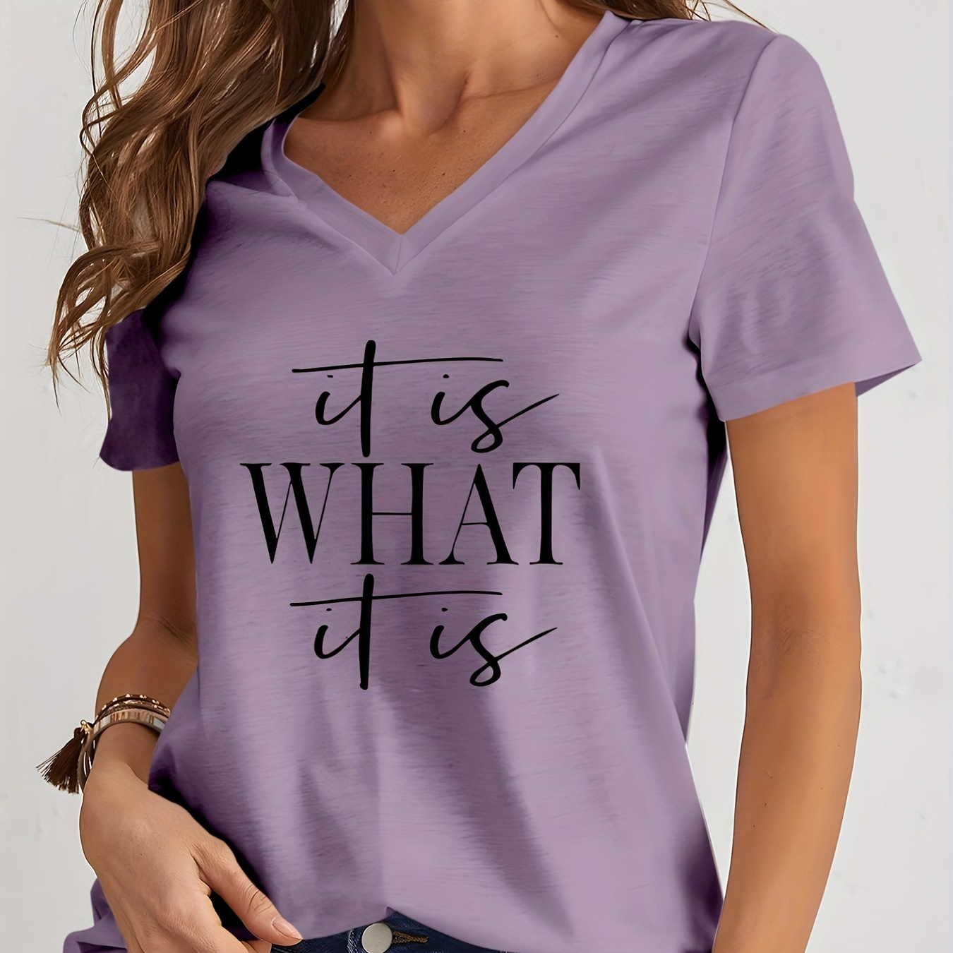

Letter Print V Neck T-shirt, Casual Short Sleeve T-shirt For Spring & Summer, Women's Clothing