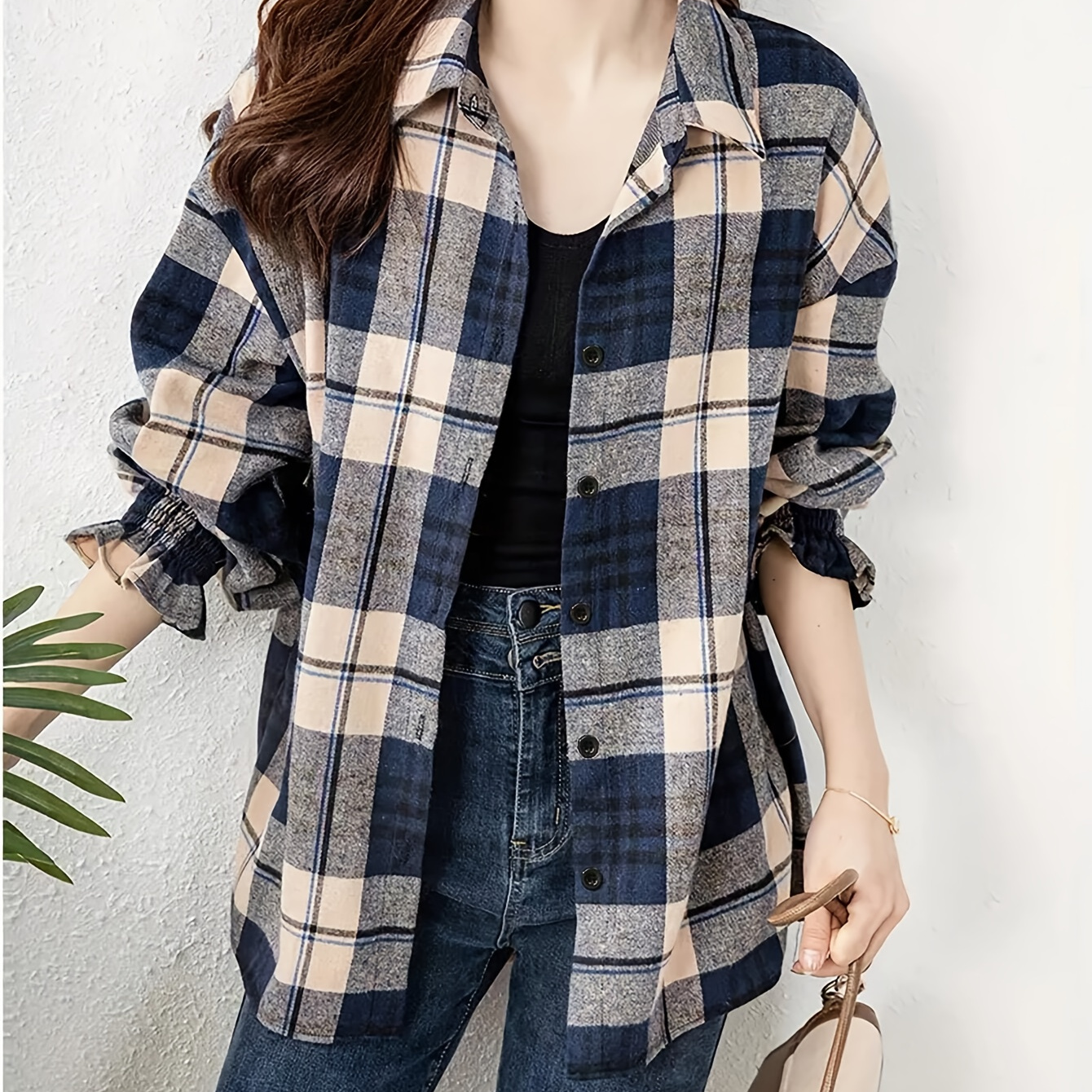 

Chemise à carreaux à simple boutonnage, chemise décontractée à manches longues et ample pour le printemps et l'automne, vêtements pour femmes.