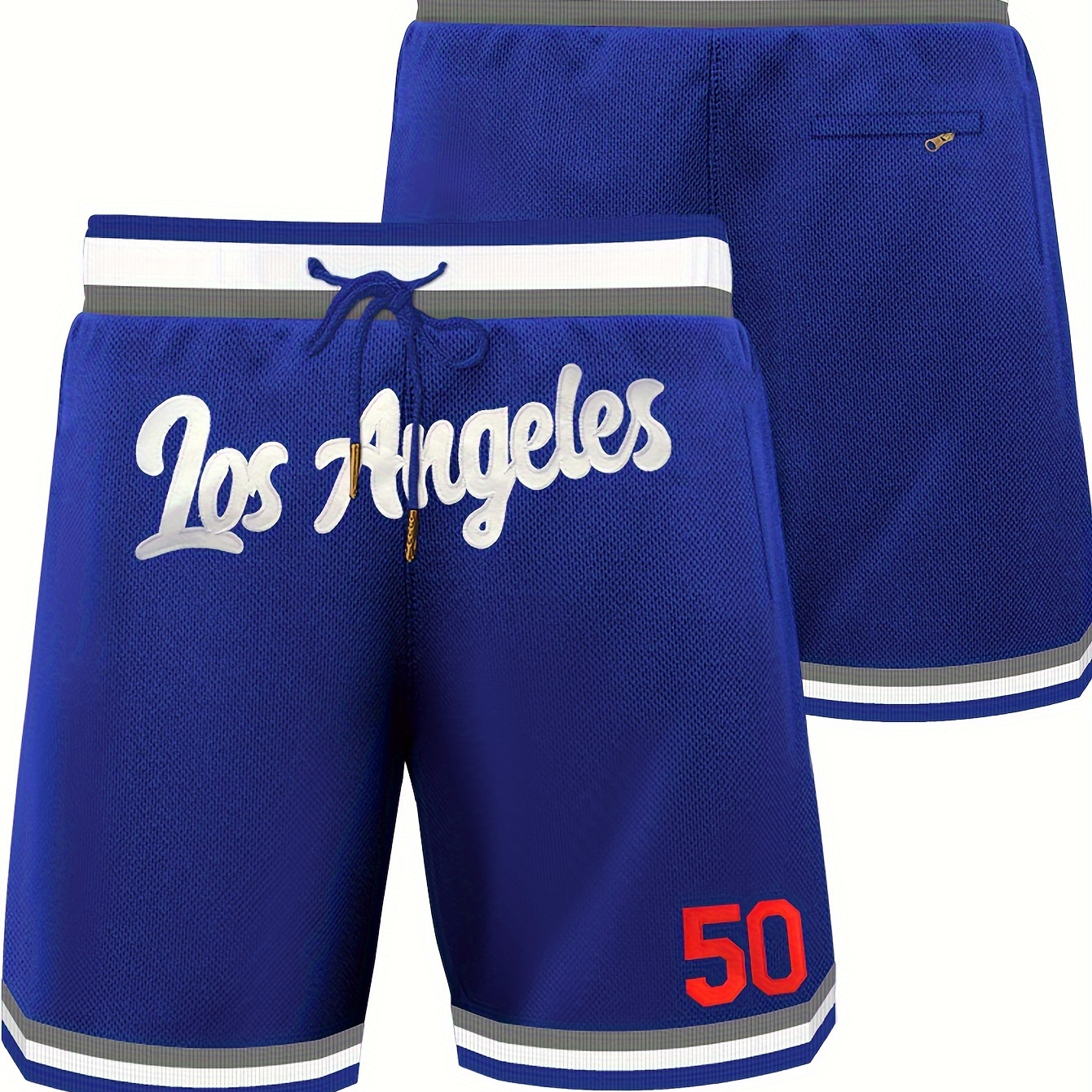 

Los Angeles 50 Embroidery Men's Quick Dry Loose Shorts, Active Color Block Drawstring Shorts For Basketball Training And Competition