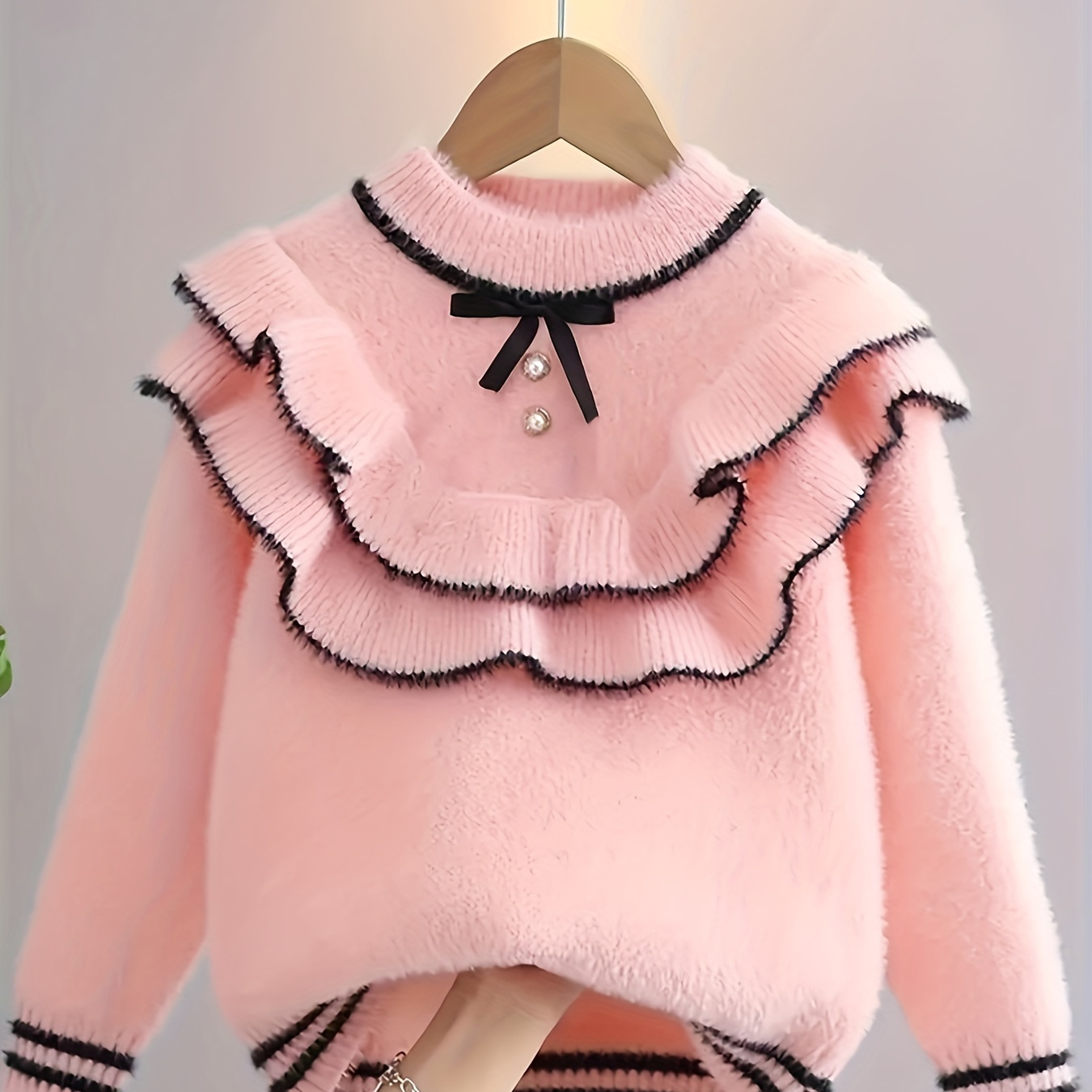 

1pc Elegant Girls' Polyester Knit Sweater With Pearl Detail, Round Neck, Solid Color, Regular Fit, Micro- Fabric For Autumn/winter - Lined Pullover For Kids