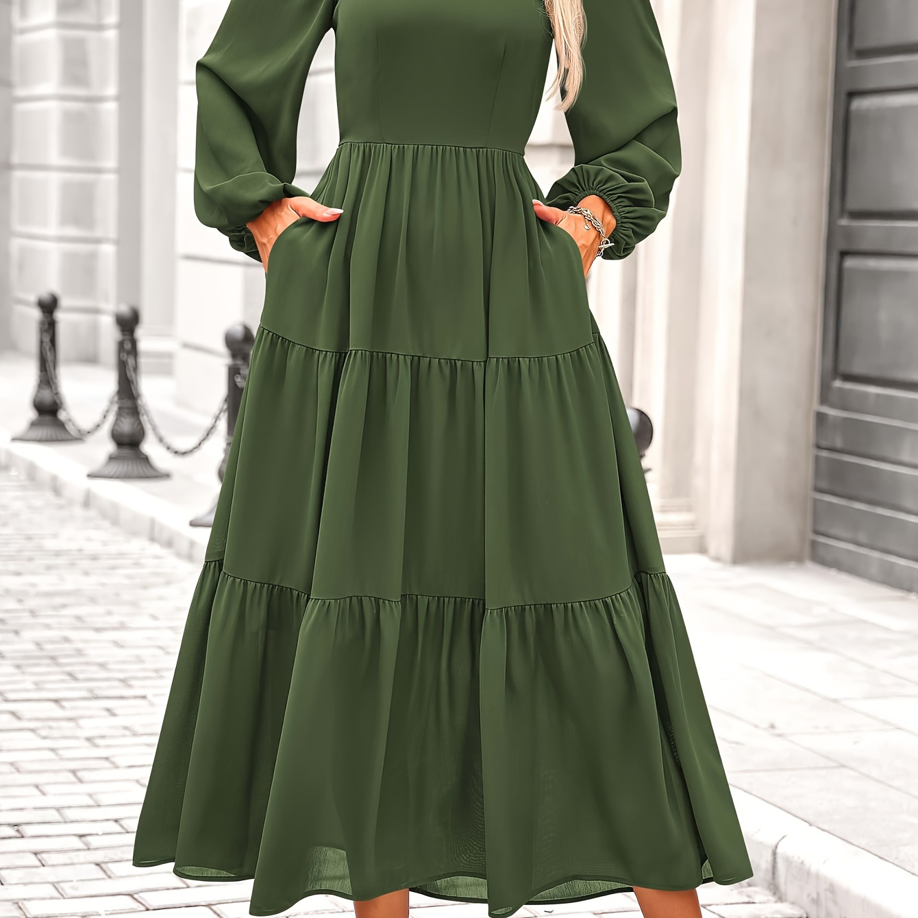 

New Fashionable Square Neck Fluffy Long Sleeved Dress For Women, Smoked Layered And Elegant Casual Wedding Guests, Long Skirt With Pockets