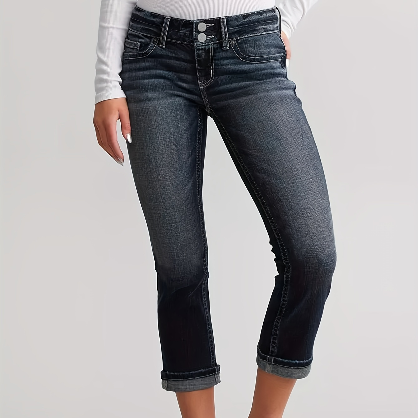 

Women's Summer Vintage Style Slim Fit Capri Jeans, Retro Double Buttons Waist Plain Denim Pants With Cuffed Hem