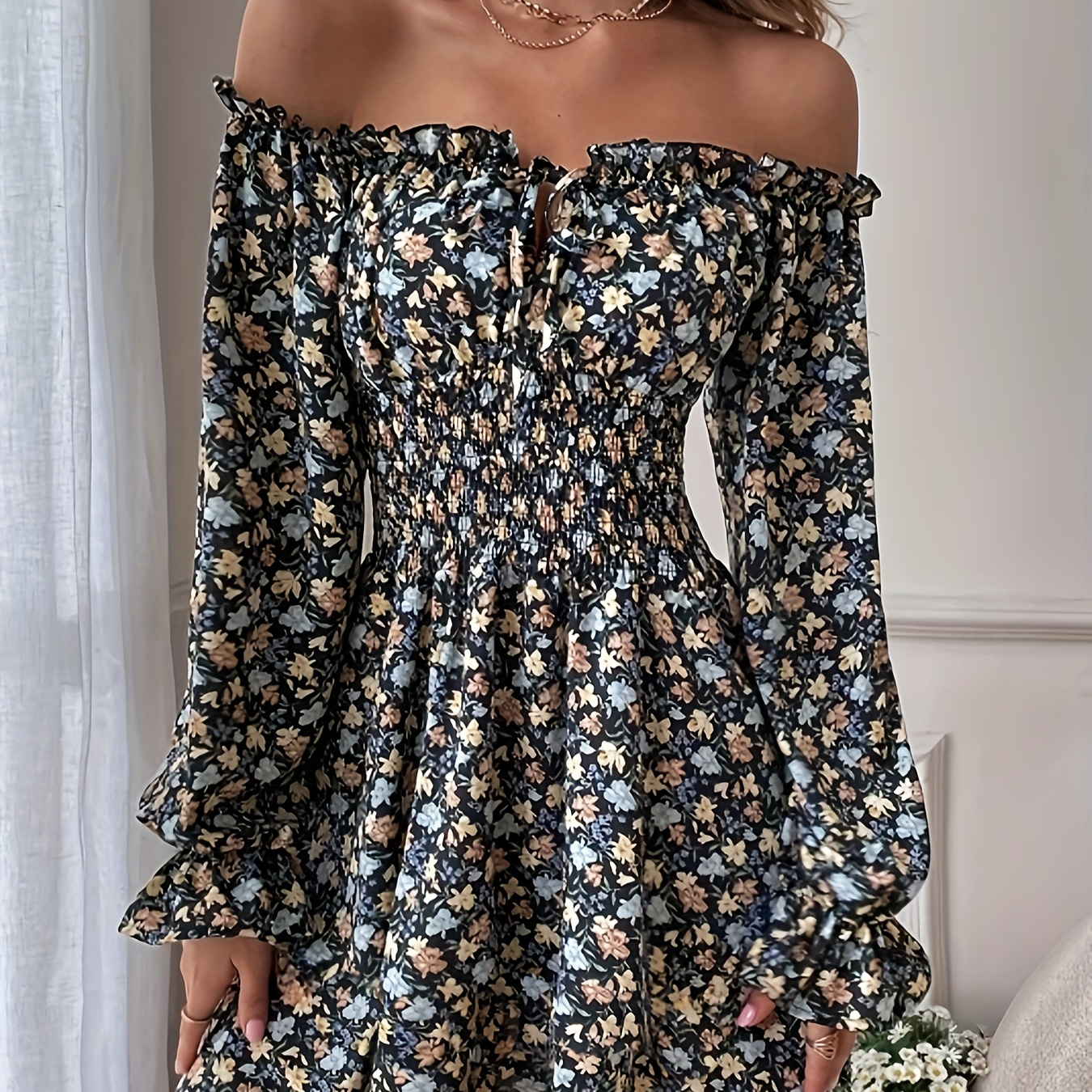 

Floral Print Dress With Tie Front And Shirred Waist