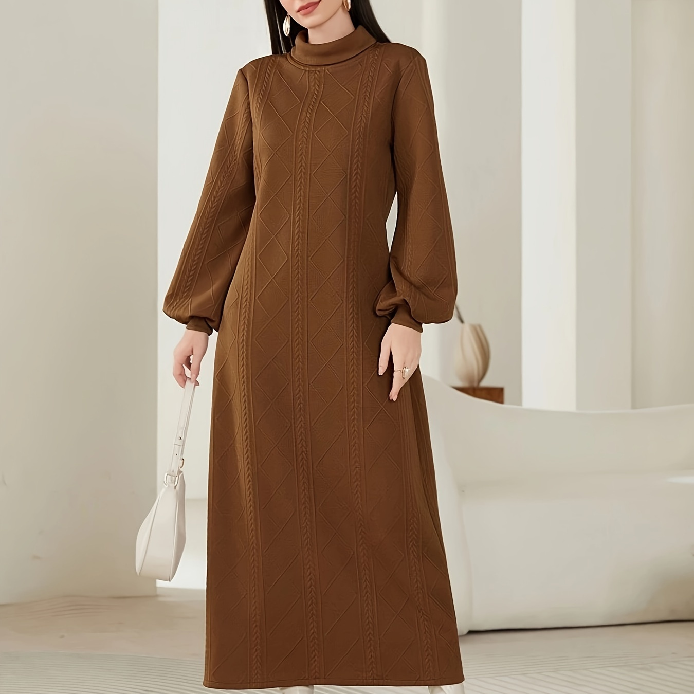 

Textured Mock Neck Dress, Elegant Long Sleeve Dress For Fall & Winter, Women's Clothing