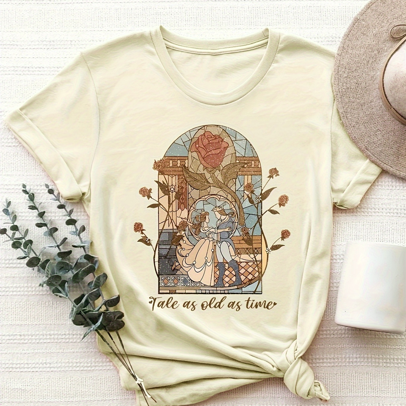 

Beauty And The Graphic Print T-shirt, Summer And Spring Short-sleeved Crew Neck Casual Top, Women's Clothing