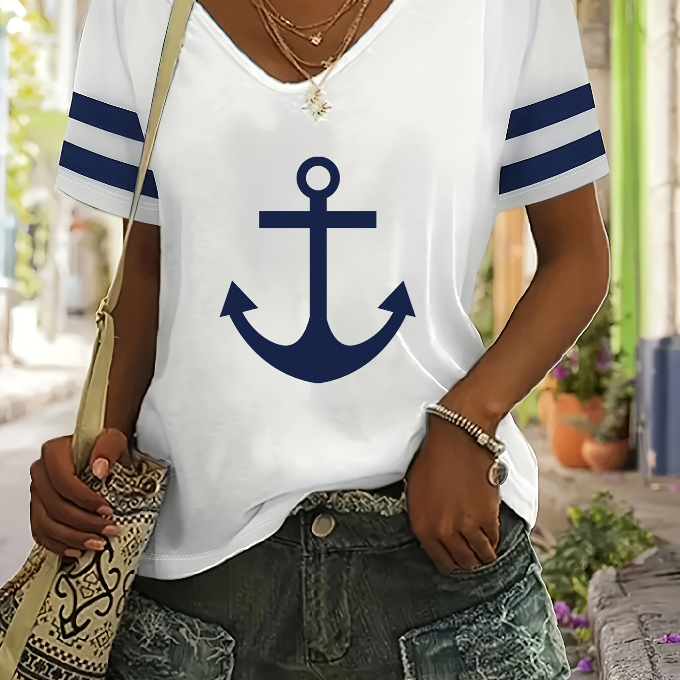 

Anchor Print V Neck T-shirt, Casual Short Sleeve V Neck Top For Spring & Summer, Women's Clothing