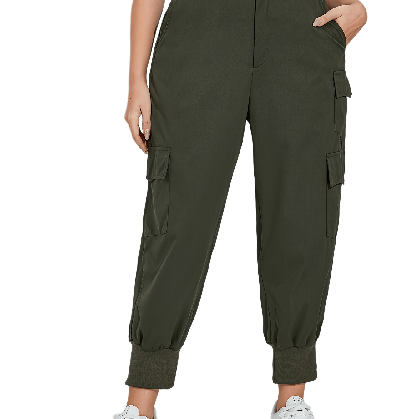 

Plus Size Flap Pockets Cargo Pants, Casual Solid Color Button Pants For Spring & Summer, Women's Plus Size Clothing