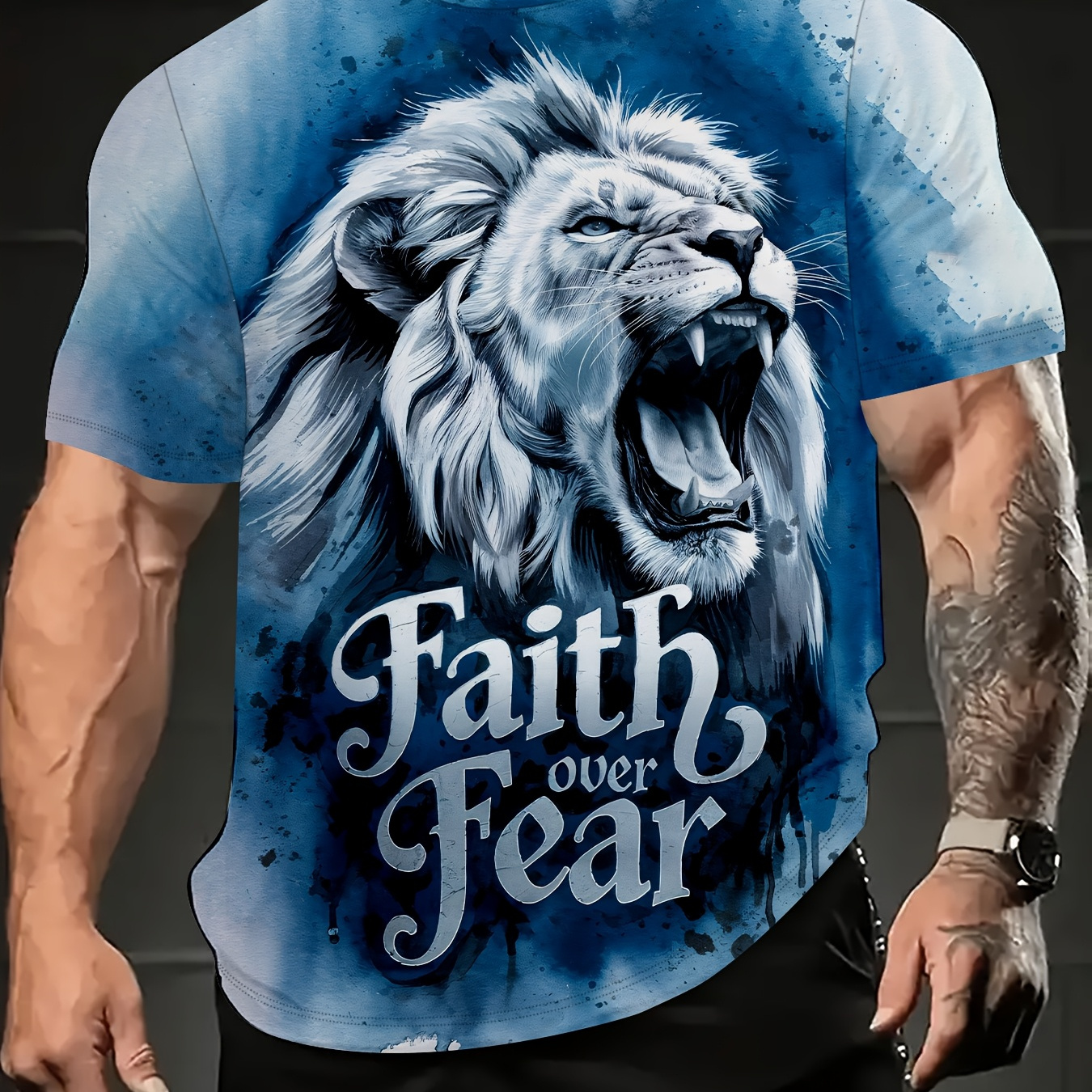 

Men's Plus Size "faith Over Fear" Lion Print Short Sleeve T-shirt, Crew Neck Casual Sports Tee, Knit Polyester 95% Spandex 5%, Machine Washable, Lion T Shirt, Plus Size