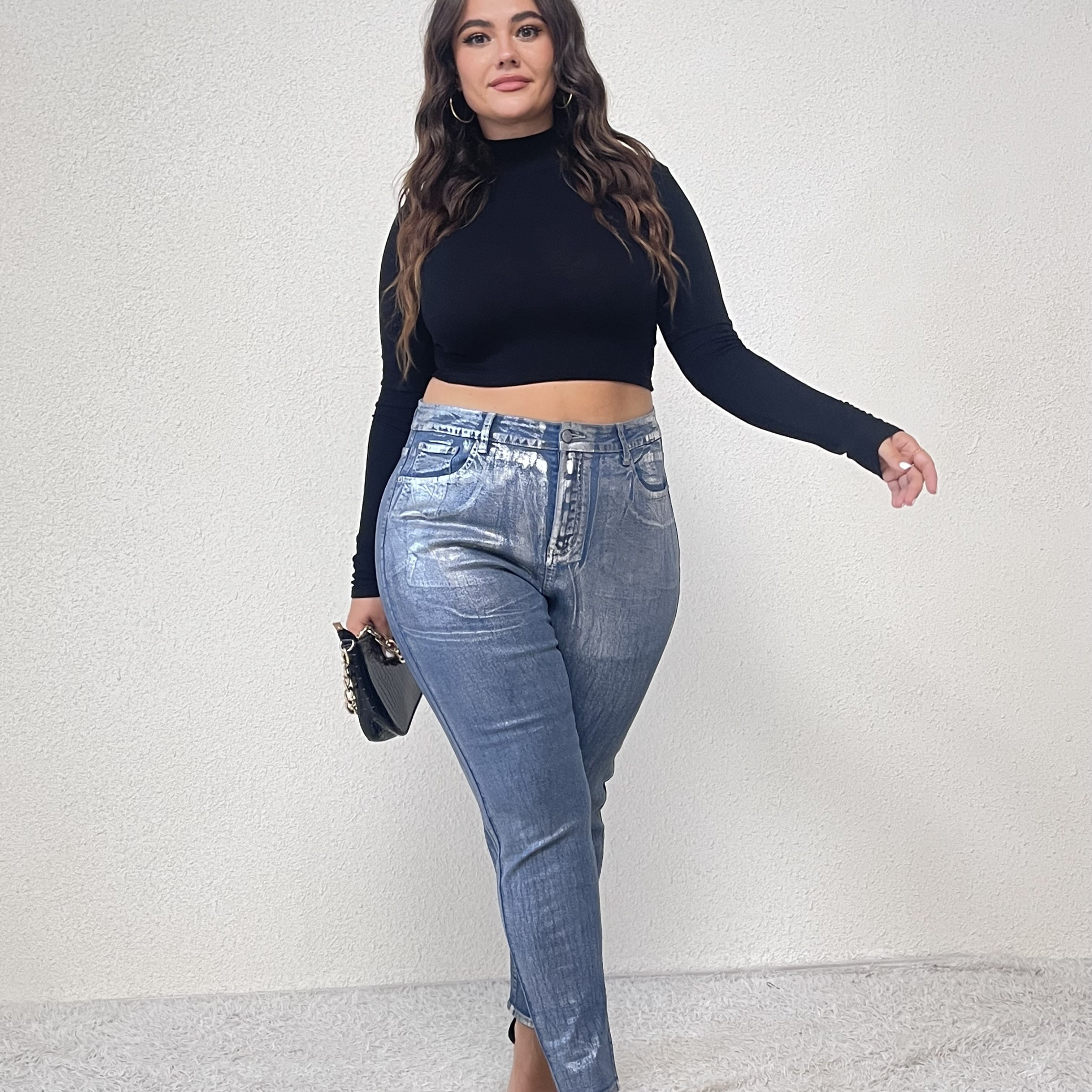 

Plus Size Casual Jeans, Women's Plus Shinny Button Fly High Rise Skinny High Stretch Jeans Party Wear