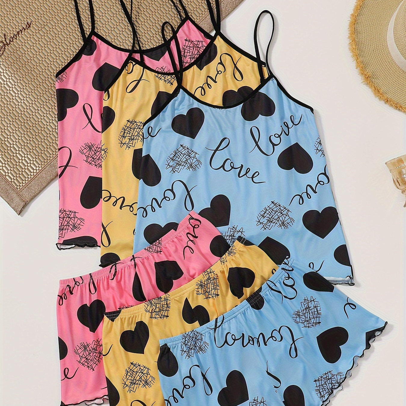 

3 Setslove Letter Print Pajama Set, Cute Round Neck Halter Top And Shorts, Women's Pajamas