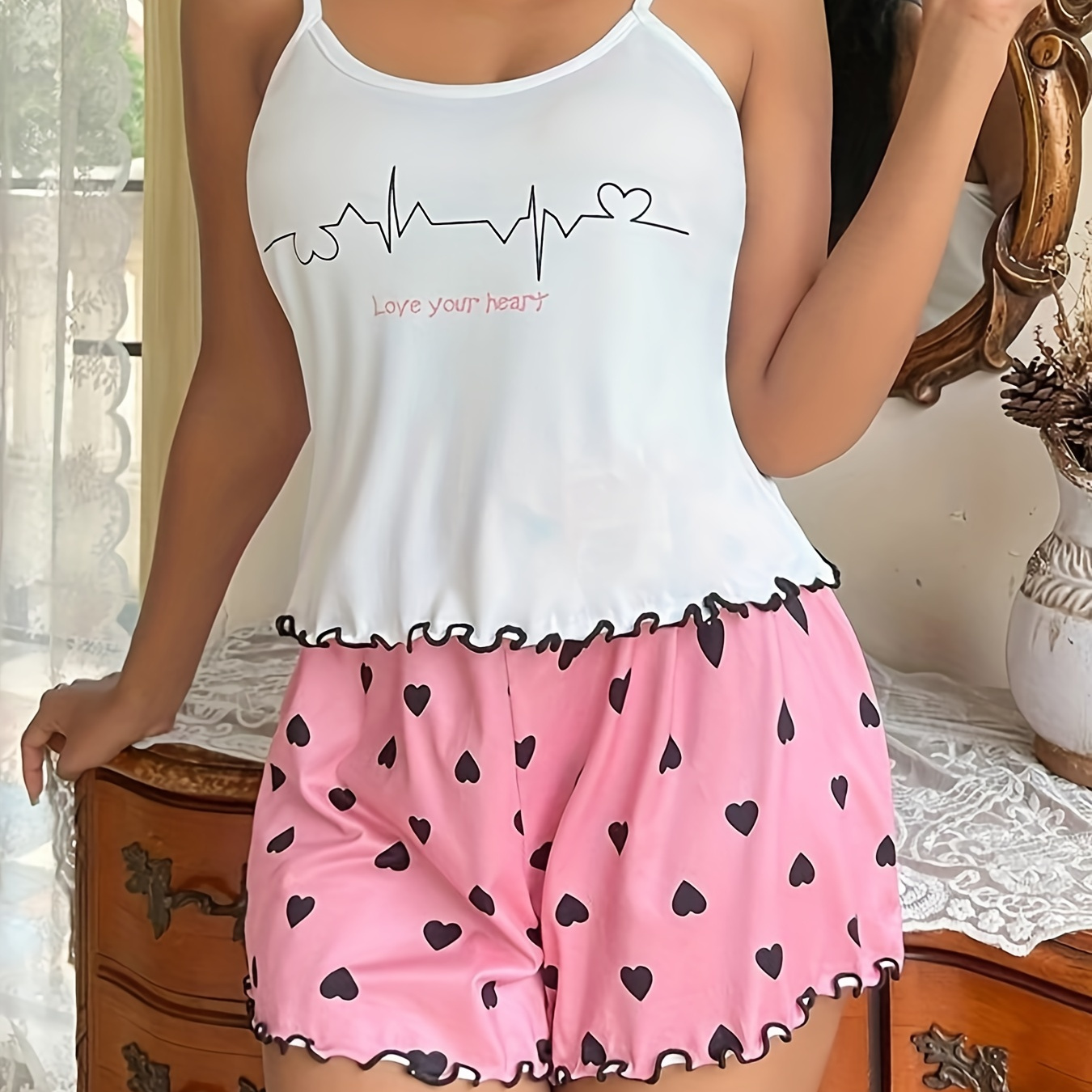 Heart Print Pajama Set Crew Neck Cami Top Elastic Waistband - Temu