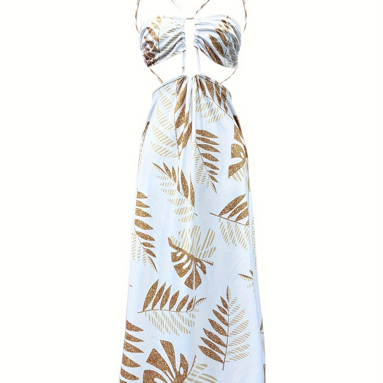 

Plants Print Backless Cami Dress, Vacation Sleeveless Cut Out Waist Maxi Dress, Women's Clothing