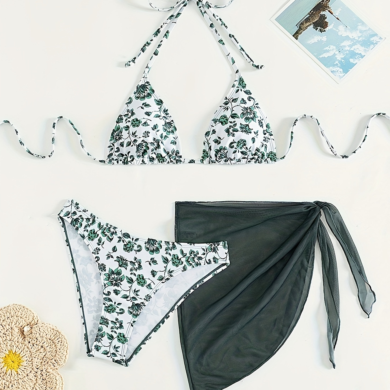 

Women's Fresh Print Halter Bikini With Sun Protection Wrap, 3-piece Set Summer Beachwear