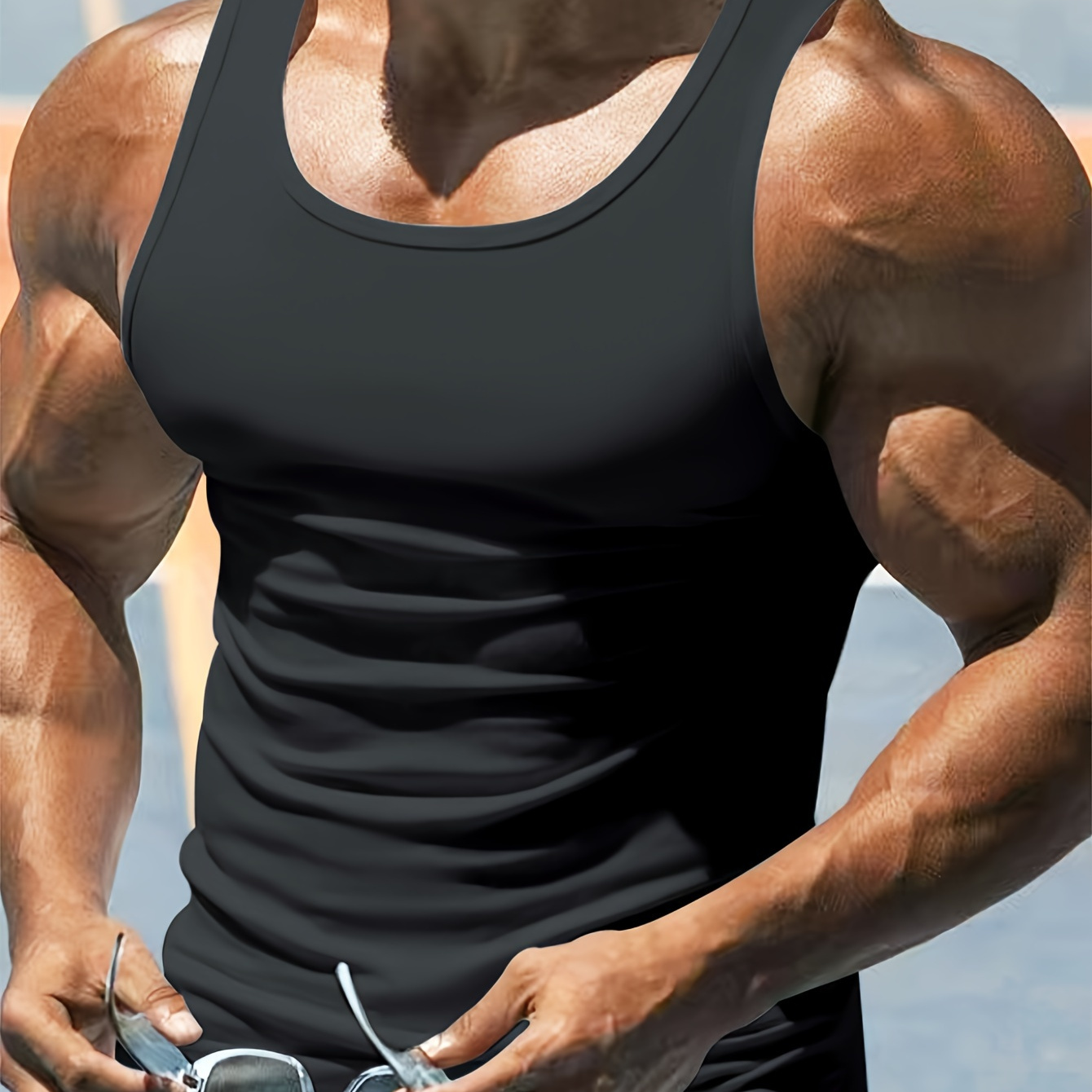 

Men's Solid Tank Top, Active Crew Neck Sleeveless Top, Men's Clothing For Summer Outdoor