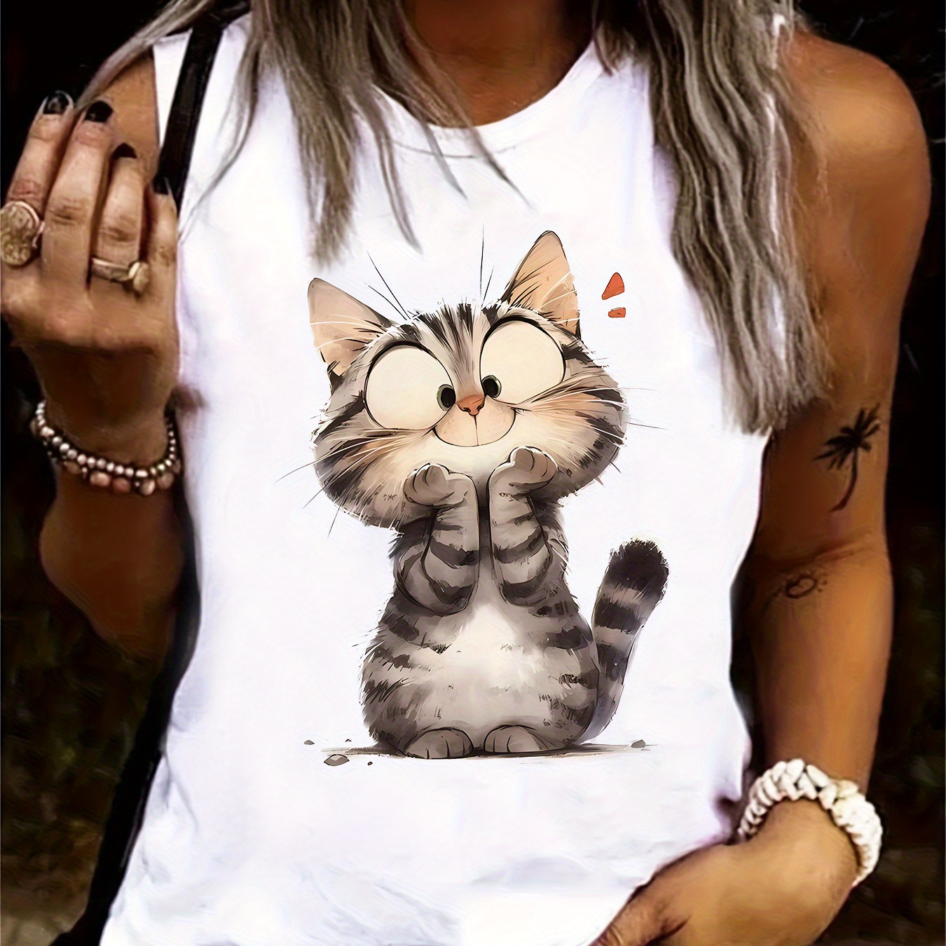 

Cute Cat Print Tank Top, Sleeveless Crew Neck Casual Top For Summer & Spring, Women's Clothing