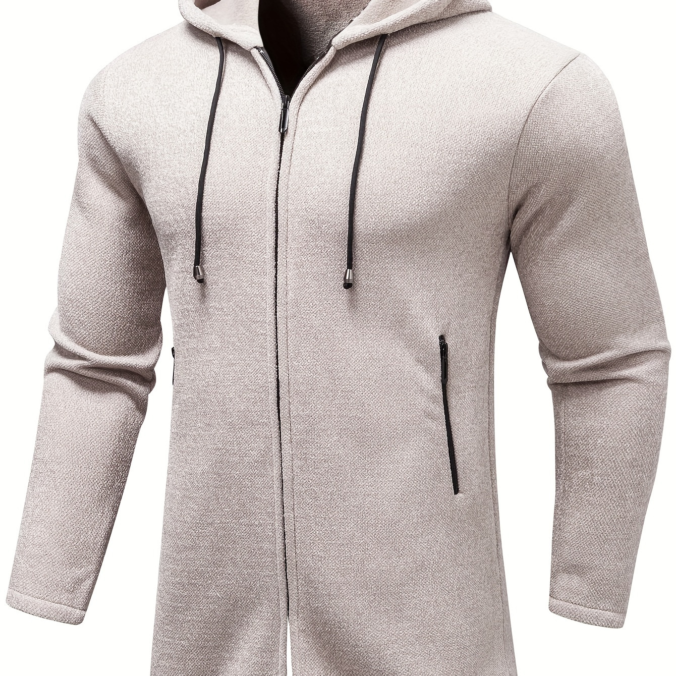 

Men's Mid Long Comfy And Warm Solid Hooded Long Sleeve And Zipper Down Knit Sweater Jacket With Zippered Pockets, Casual Jacket For Autumn And Winter Outdoors Wear