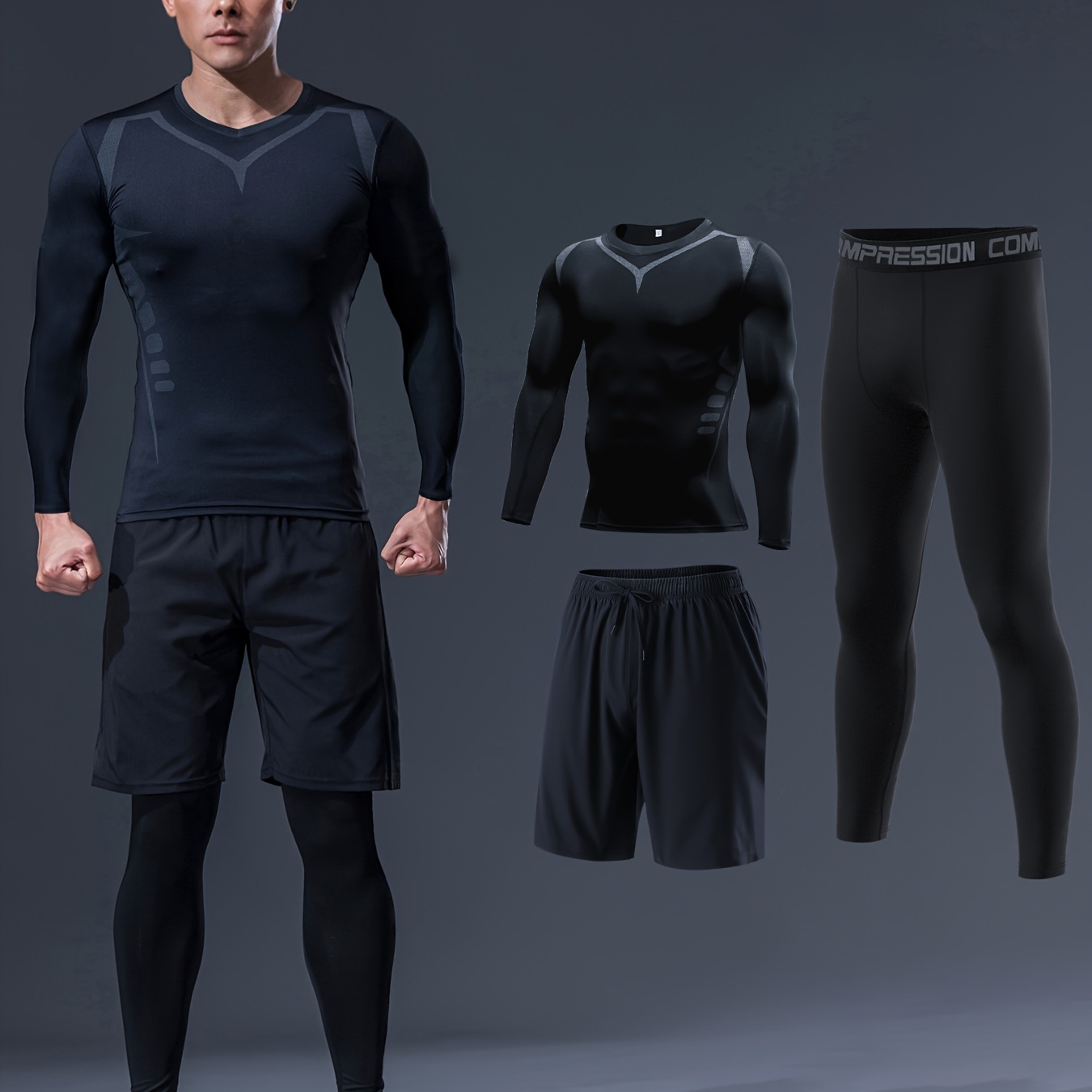 

Men' Long Sleeve Muscle Fit T-shirt, Shorts And Leggings Set, Outdoor Sports And Fitness