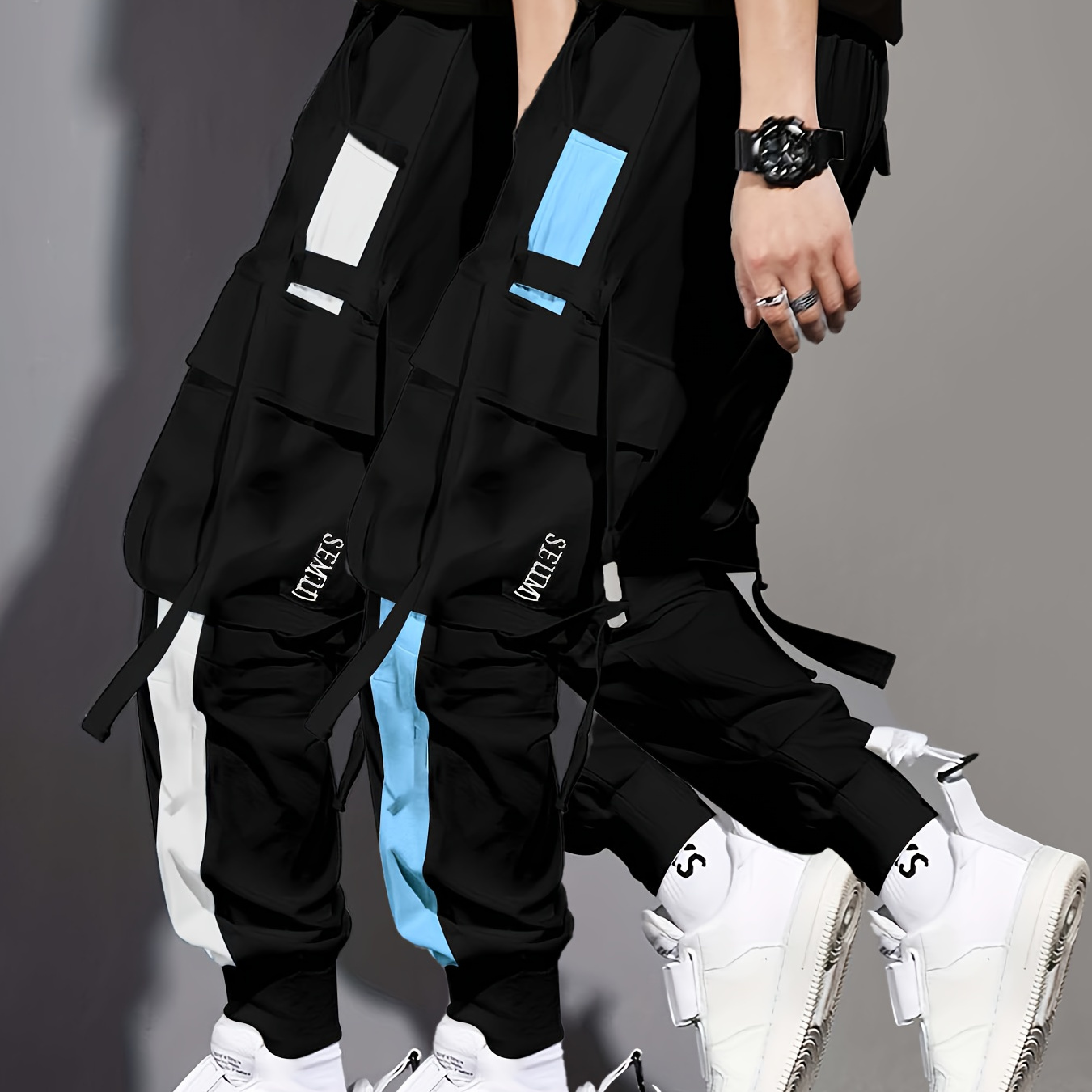 

2pcs Multi-pocket Ribbon Design, Men's Color Block Cargo, Trendy Comfy Jogger Pants