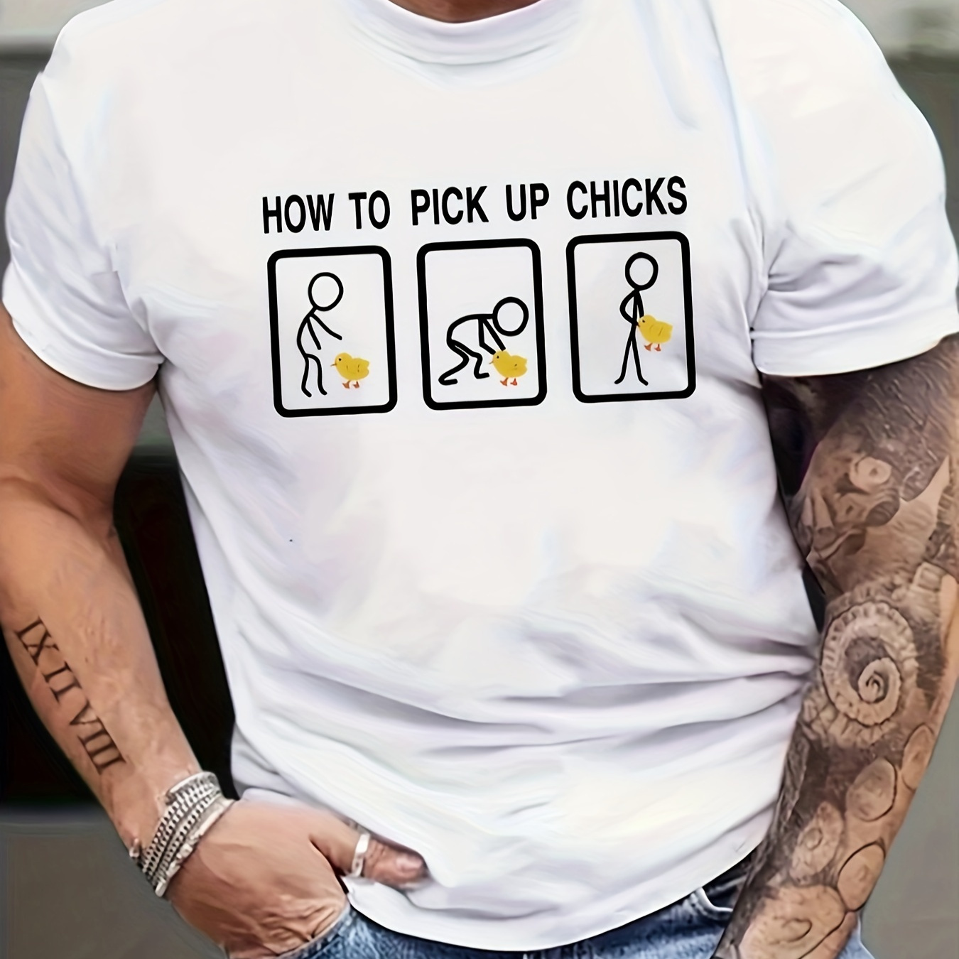 

How To Pick Up Chicks Print Men's Crew Neck Fashionable Short Sleeve Sports T-shirt, Comfortable And Versatile, For Summer And Spring, Athletic Style, Comfort Fit T-shirt, As Gifts