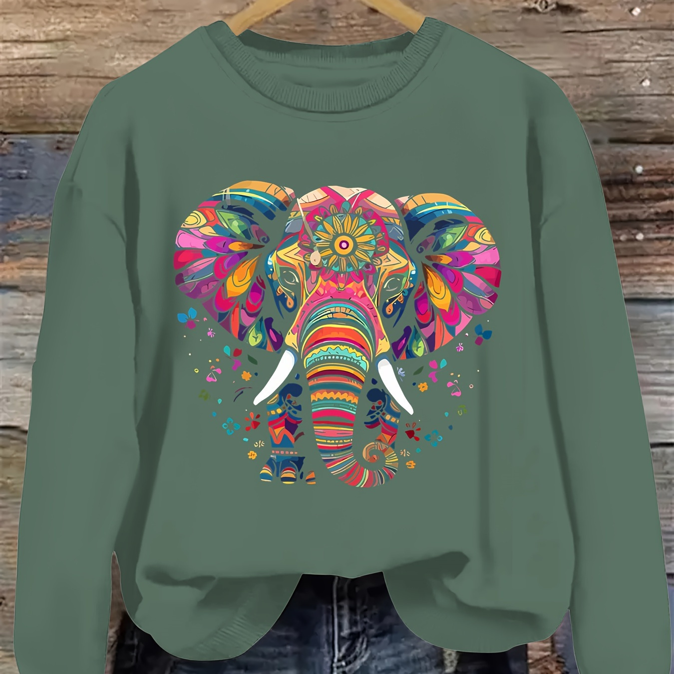 

Plus Size Elephant Print Crew Neck Pullover Sweatshirt, Casual Long Sleeve Sweatshirt For Fall & Winter, Women's Plus Size Clothing