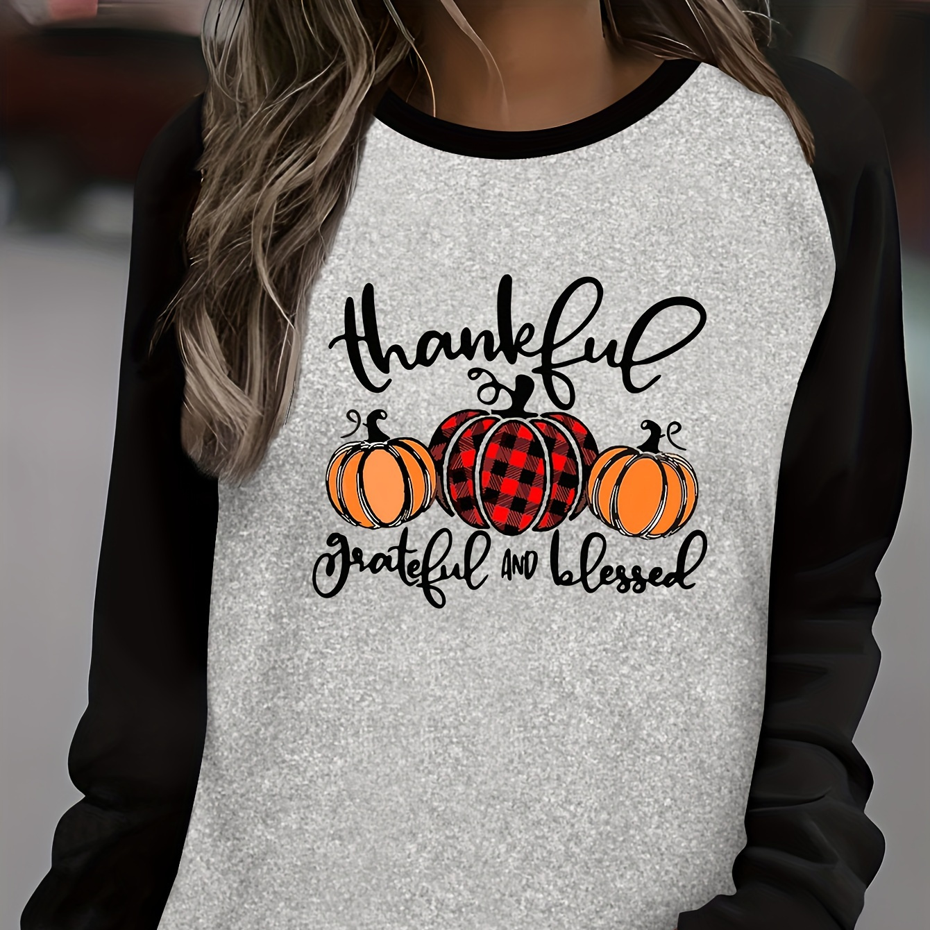 

Blessed Long Sleeve T-shirt With Pumpkin Applique, Casual Crew Neck, Geometric Pattern, Polyester Knit Fabric With Spandex, Regular Length - All Season Wear