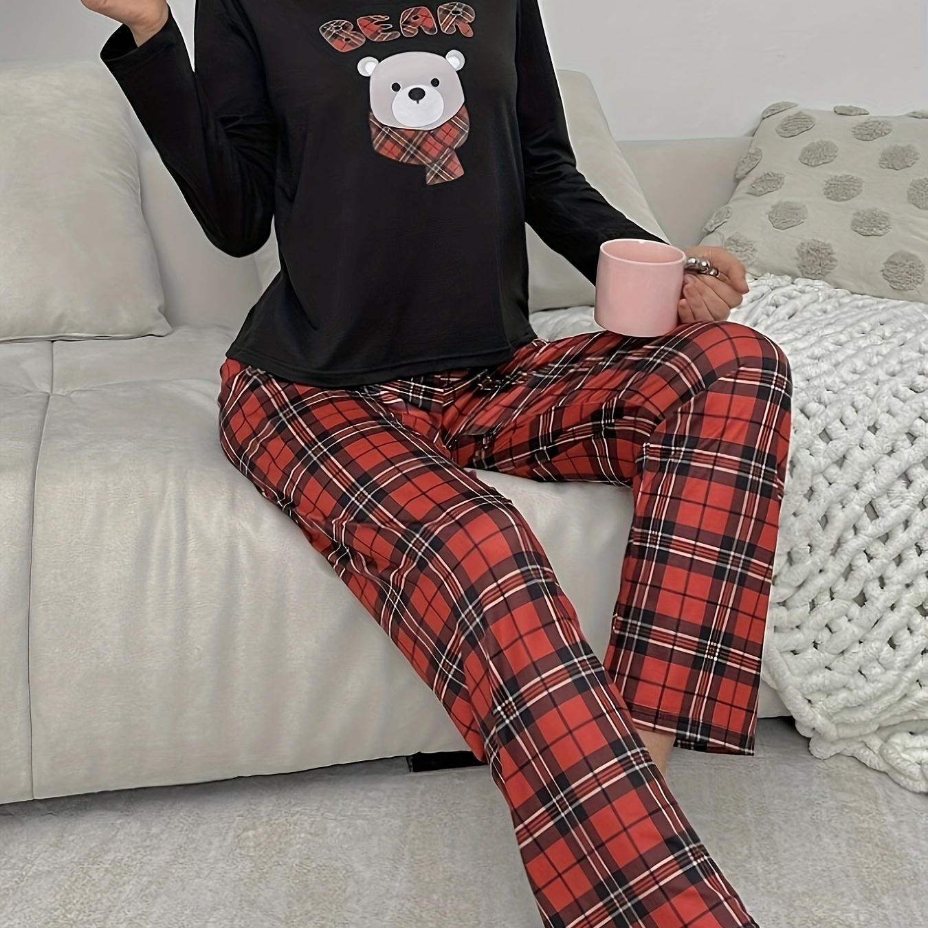 

Ensemble de pyjama à imprimé à carreaux pour femmes, tissu tricoté 95% polyester 5% élasthanne, haut décontracté à col rond à manches longues avec pantalon , ensemble de vêtements de nuit pour /hiver