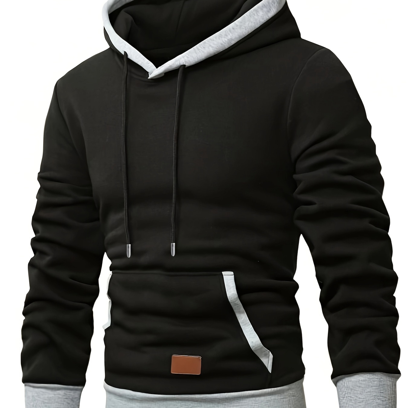 

Men's Contrast Color Hooded Long Sleeve Sweatshirt With A Kangaroo Pocket And Label Patchwork, Casual And Trendy Hoodie For Outdoors And Daily Wear