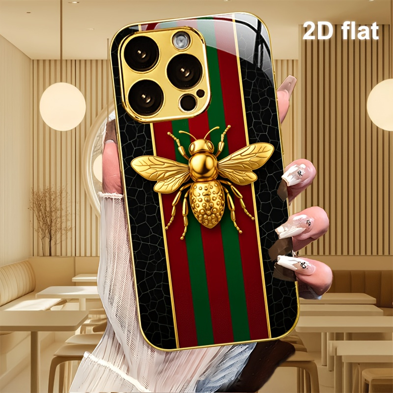 TEMU Phone Case: [2d] Bee Pattern Red And Green Striped Design Tempered Glass Electroplated Case, Suitable For Iphone 18/18 Pro/18 Pro Max/17/17