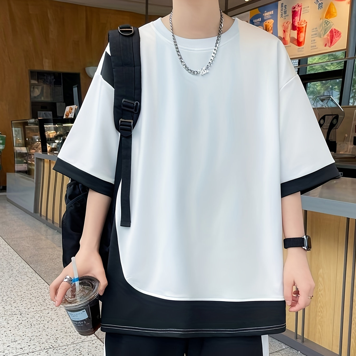 

Men's Outfit, Color Block Casual Crew Neck Short Sleeve T-shirt & Shorts 2-piece Set For Summer Outdoor Activities