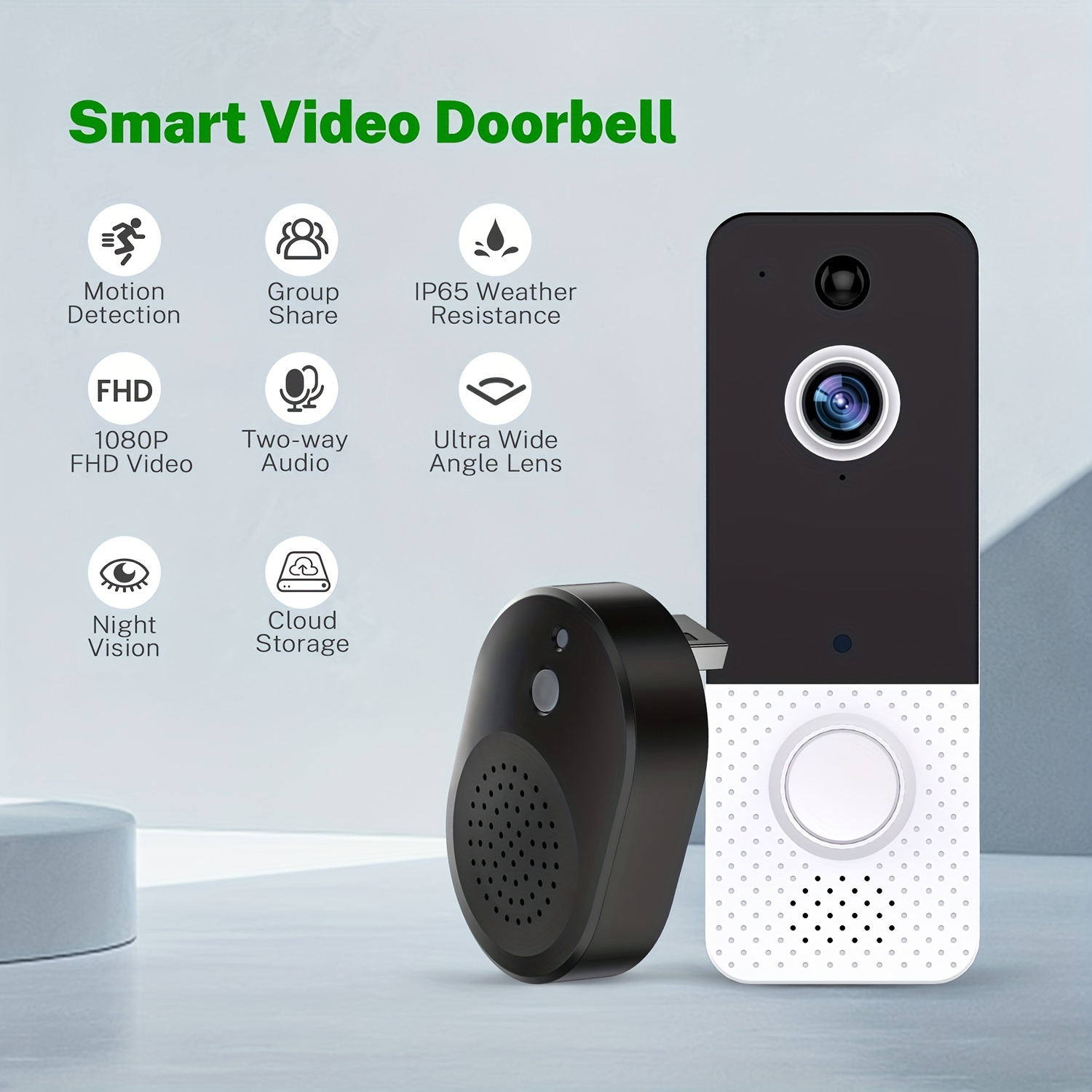 Wireless Doorbell Camera With Chime, Video Doorbell Camera With Wireless Operated, HD Night Vision, 2-Way Audio, IP65 Waterproof, Cloud Storage(for IOS & Android) , Motion Detection And Alerts, WiFi Video Doorbell Camera With Motion Detector