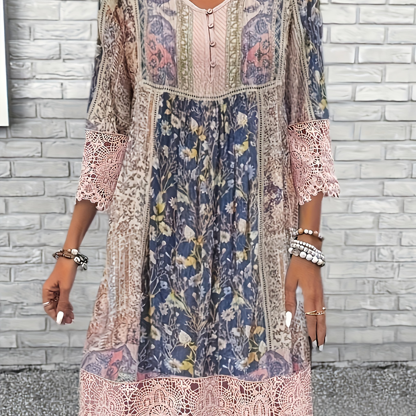 

Elegant Floral Print Lace-trim Dress For Women - V-neck, Long Sleeve, Spring & Fall