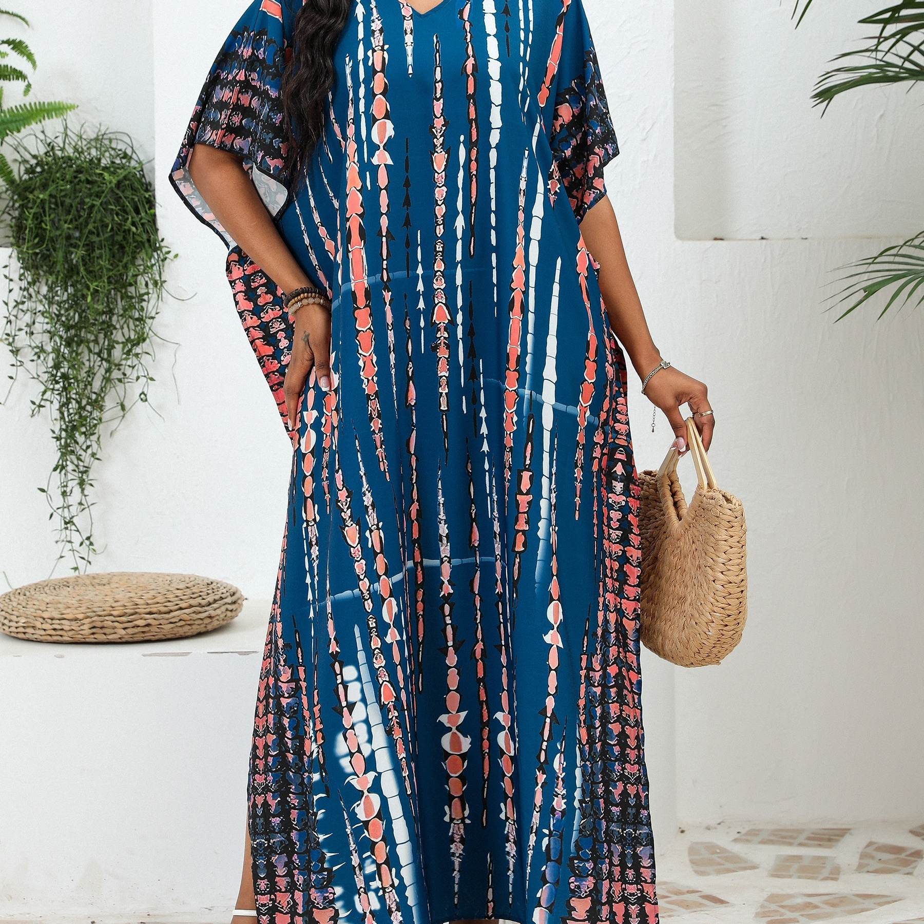 

Women's Boho Style Cover Up, Plus Size Tie Dye V Neck Loose Fit Vacay Beach Kaftan Dress