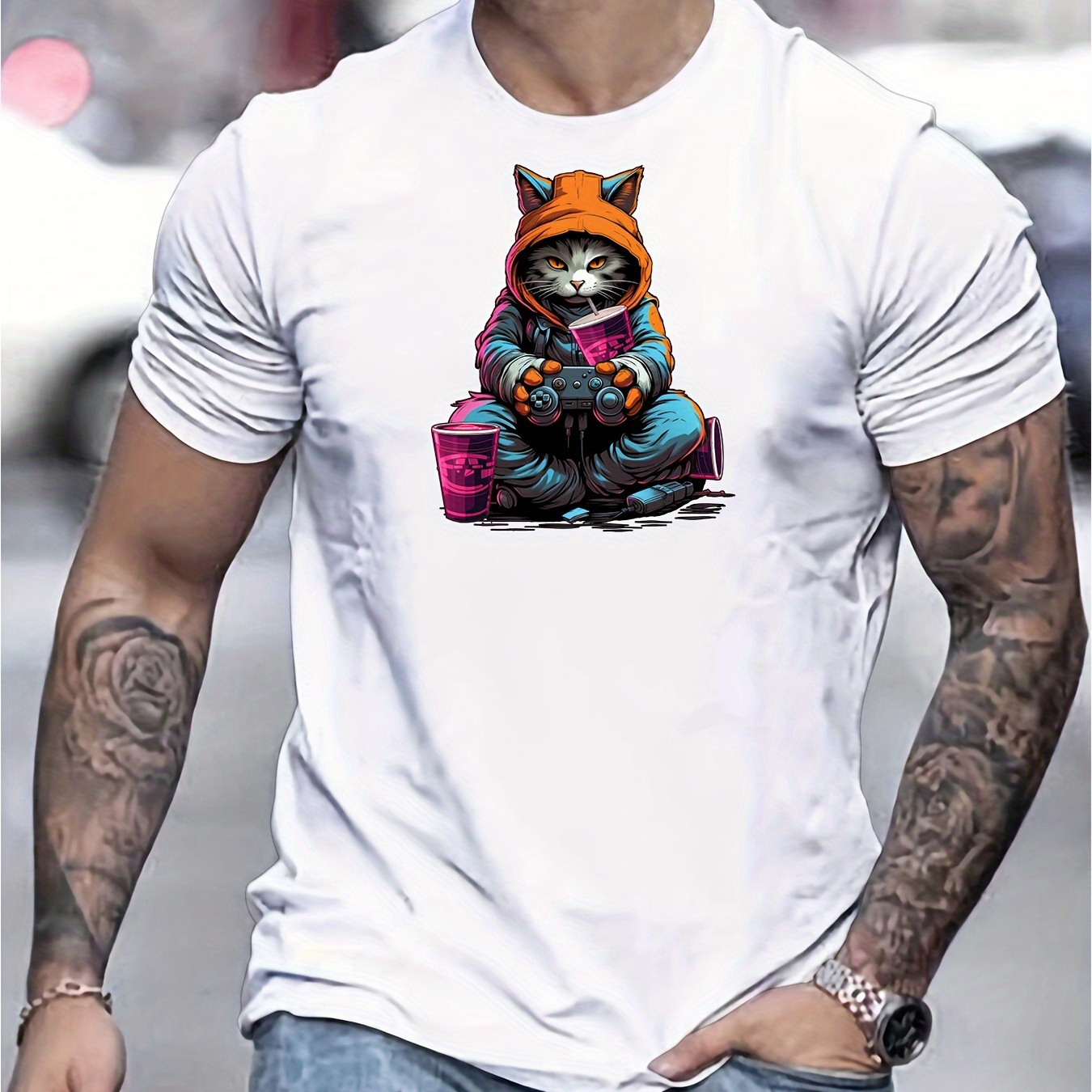 

Gaming Cat Print Tee Shirt, Tees For Men, Casual Short Sleeve T-shirt For Summer