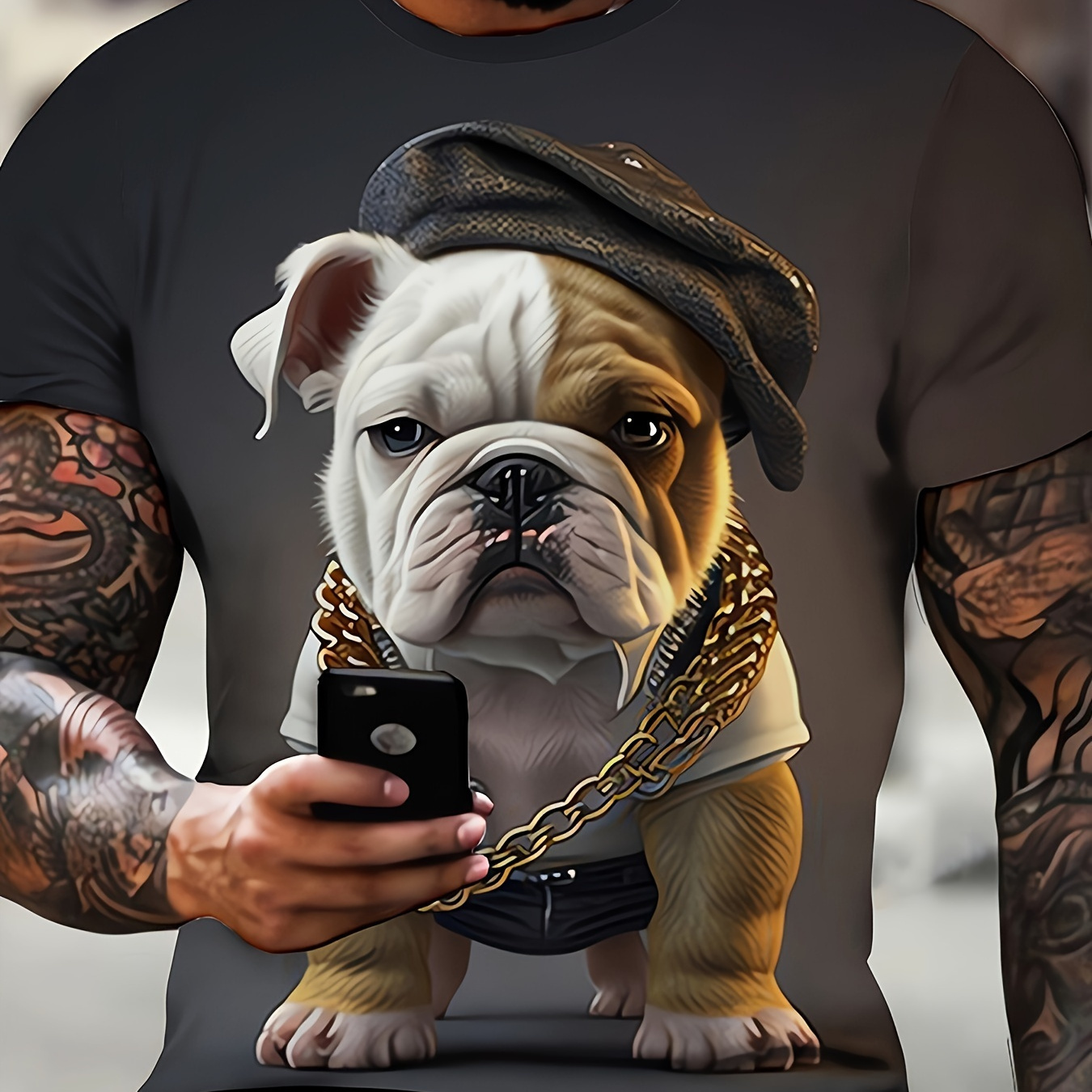 

3d Digital Bulldog Wearing Necklace And Hat Pattern Crew Neck And Short Sleeve T-shirt, Novel And Chic Tops For Men's Summer Street Wear