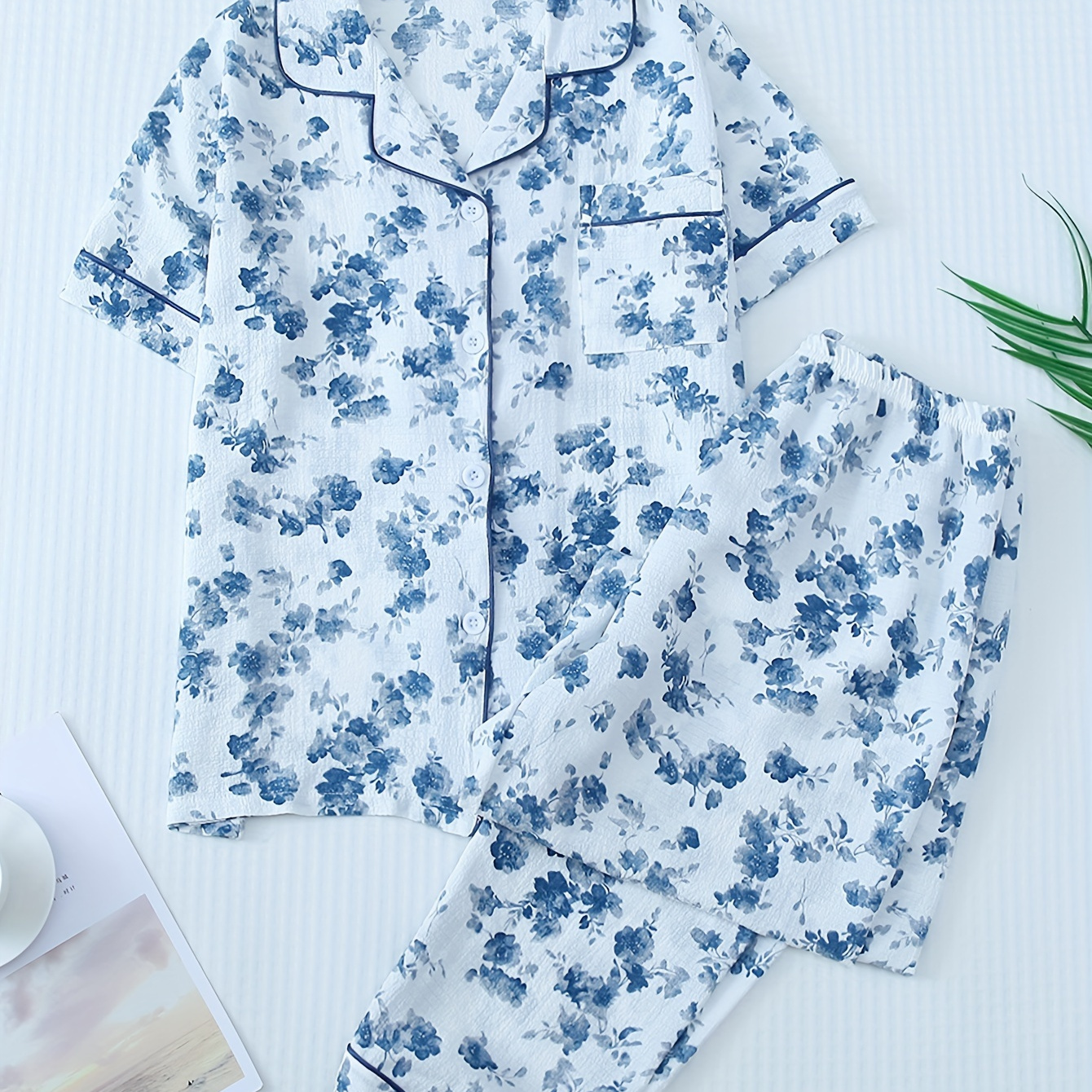 

Women's Ink Floral Print Casual Pajama Set, Short Sleeve Buttons Lapel Top & Pants, Comfortable Relaxed Fit, Summer Nightwear