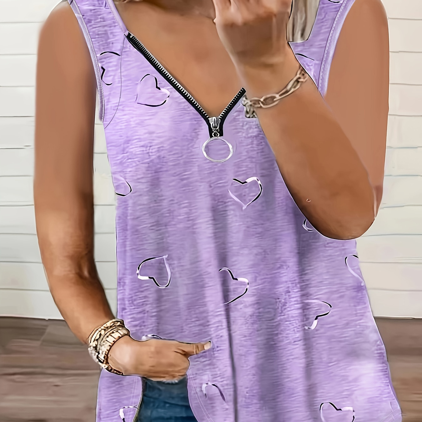 

Plus Size Heart Print Tank Top, Casual Half Zip Sleeveless Tank Top For Summer, Women's Plus Size clothing