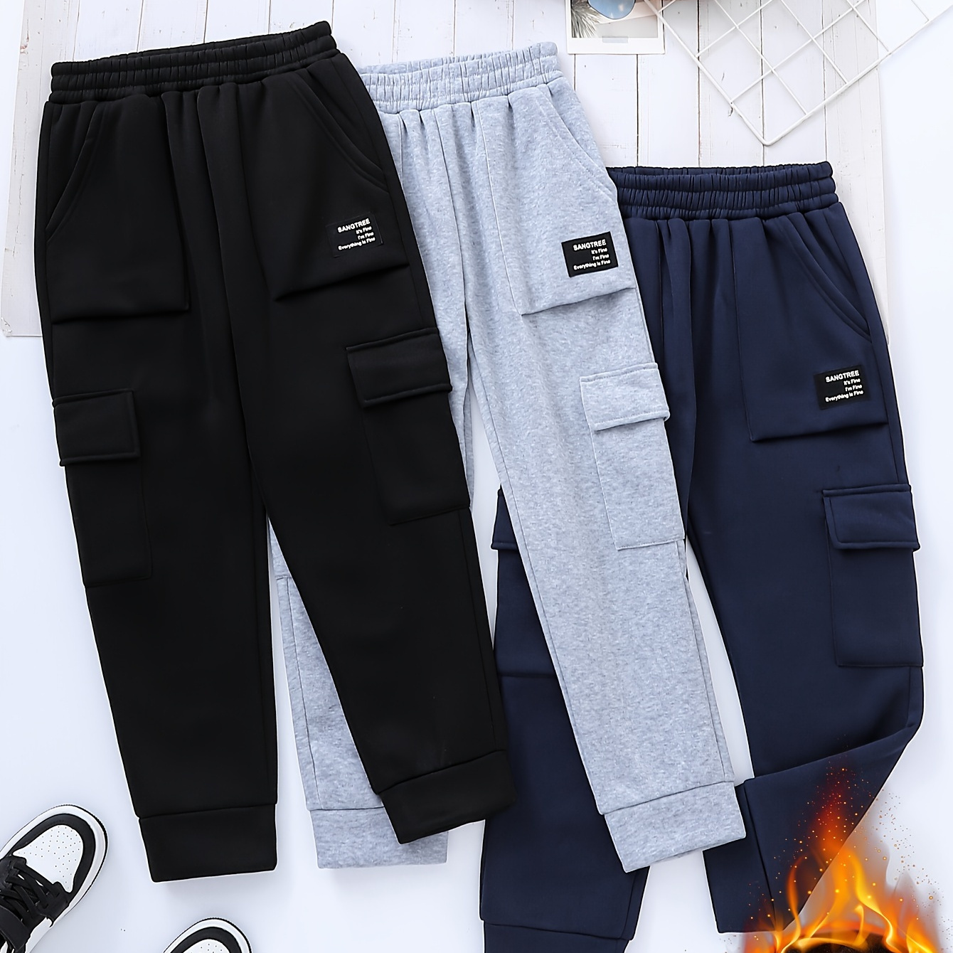 

3pcs Boys Warm Fleece Cargo Pants With Pockets, Casual Solid Color Elastic Waist Long Pants For Autumn And Winter, Suitable For Daily Wear & Outdoor Sports