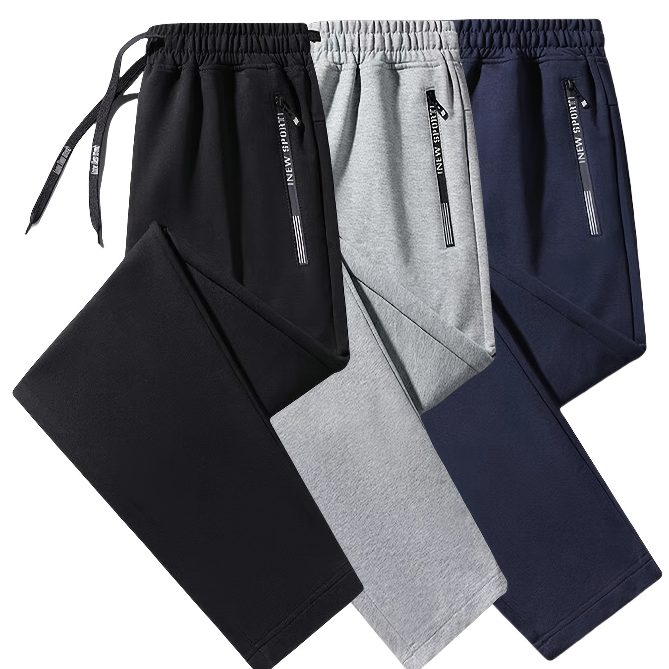 

3-pack Men's Casual Athletic Pants, Polyester Knit With Zipper Pockets And Drawstring, Stretchable, Regular Fit, Solid Color, For Multi-season And Jogging