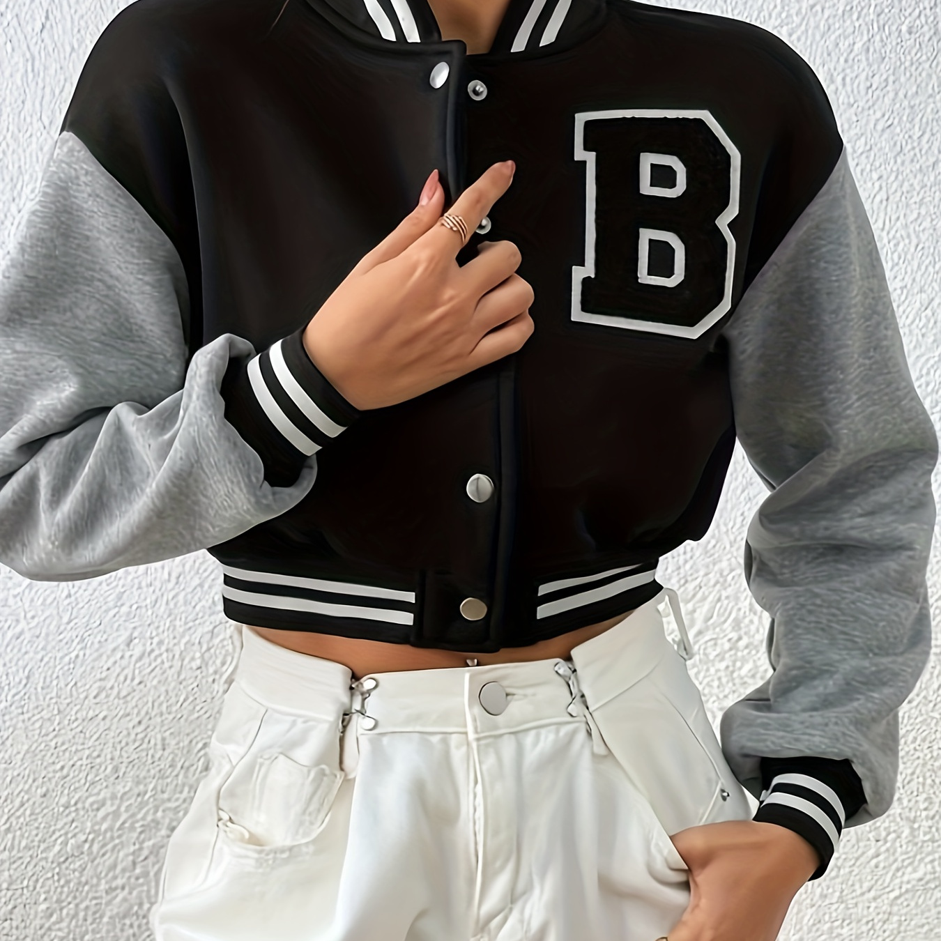 

Letter Patch Button Front Crop Jacket, Casual Long Sleeve Color Block Jacket, Women's Clothing