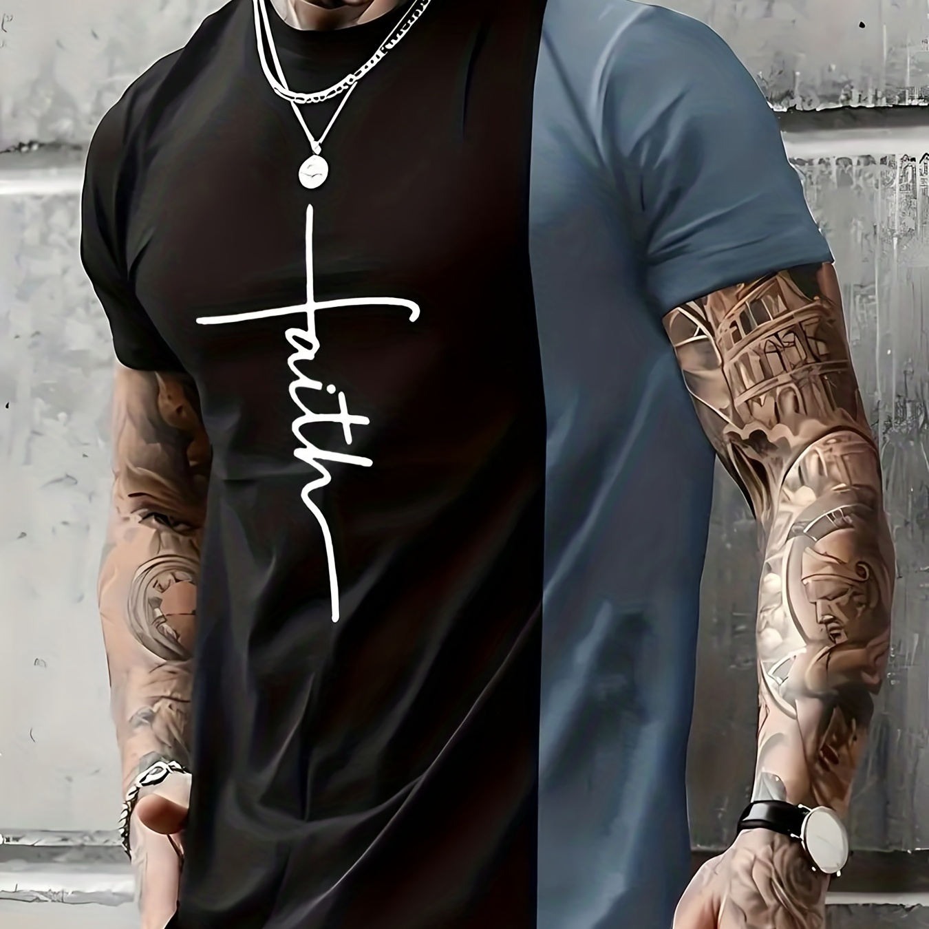

'faith' Color Block Print T Shirt, Tees For Men, Casual Short Sleeve Tshirt For Summer Spring Fall, Tops As Gifts